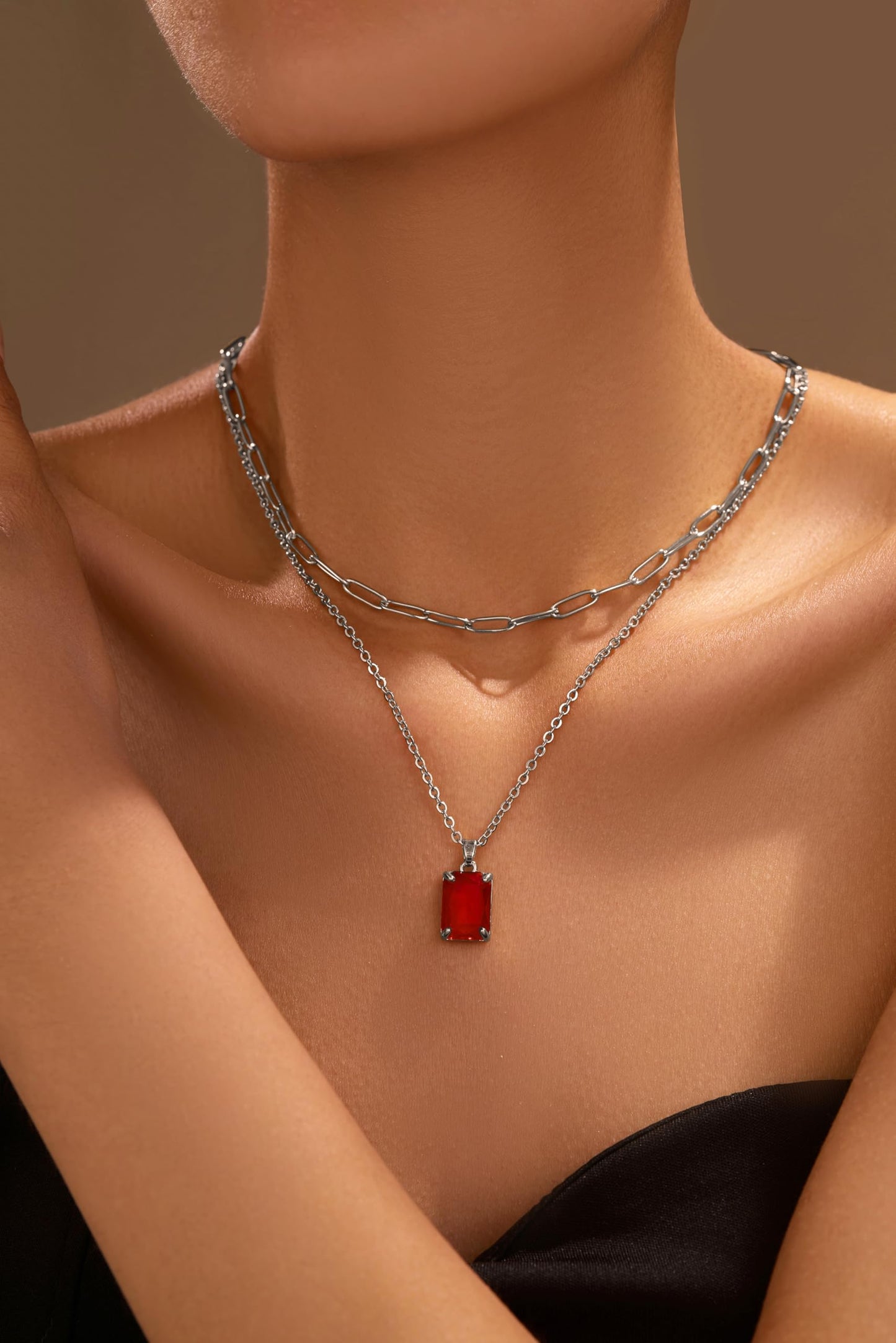 VANGETIMI Red and Silver Layered Pendant Necklaces for Women Silver Plated Crystal Choker Necklace Paperclip Rhinestone Necklace Party Prom Jewelry