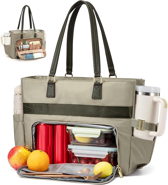 LOVEVOOK Laptop Lunch Tote Bag for Women, Work Bag with Insulated Lunch Compartment 17.3 Inch Laptop Bag with Cup Holder Large Lunch Bag for Teacher, Nurse, Office, Travel, College, Daily