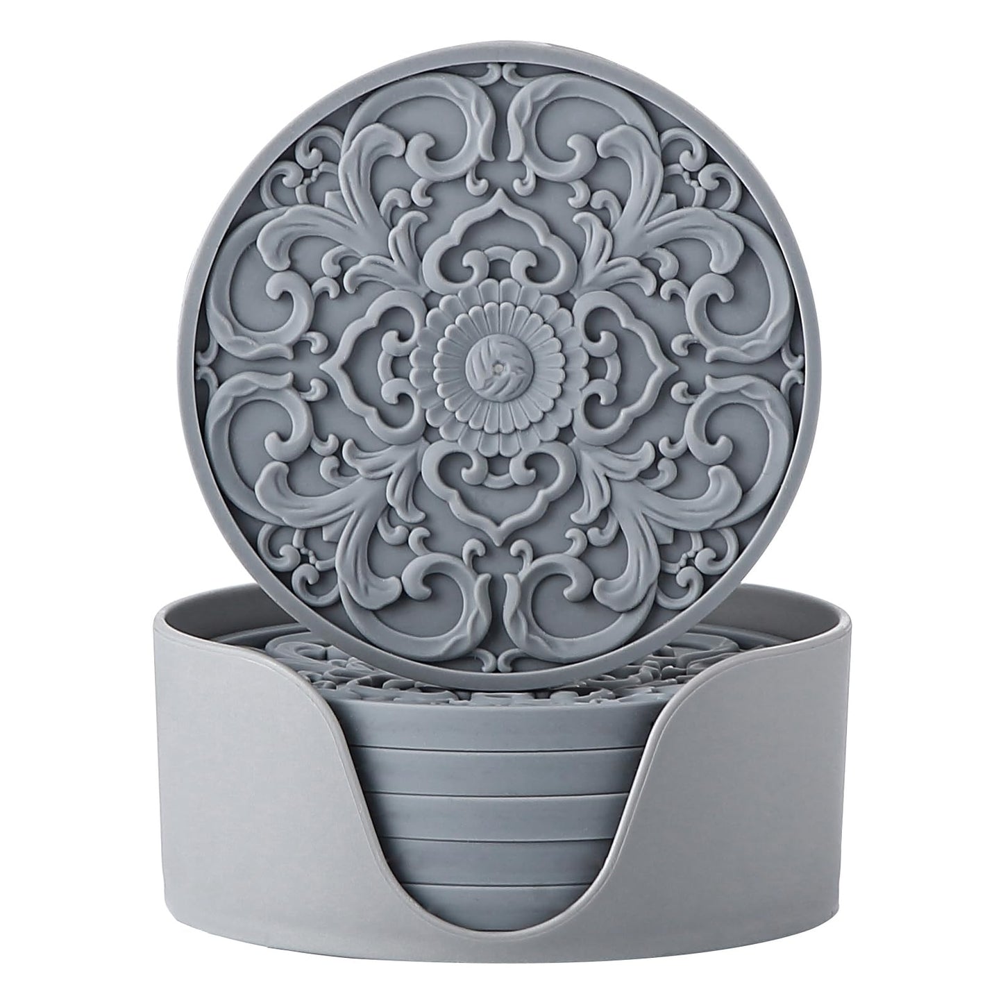 Colinda Silicone Coasters - Set of 6 with Holder, Non-Slip Cup Mats for Hot and Cold Drinks, Decorative Designs, Gift Ready Packaging, Cool Grey