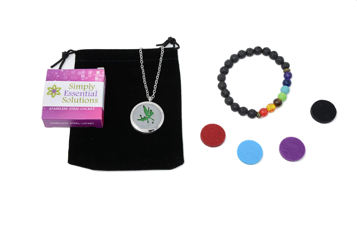 Aromatherapy Essential Oil Diffuser Stainless Steel 30MM Silver Magnetic Locket Pendant 2 Sizes Chain Necklace, Refill Pads & Diffuser Bracelet in a Velvet Bag (MagicFairyDust)
