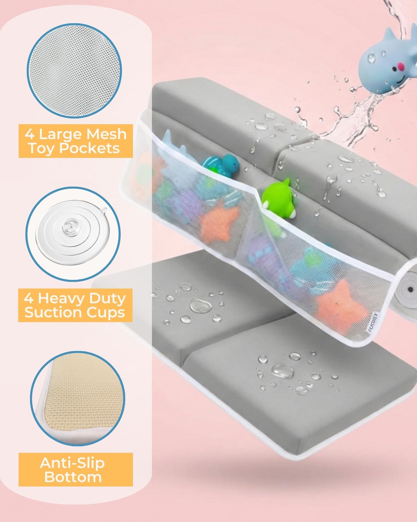 Comfortable Baby Bath Kneeler and Elbow Rest Pad Set – Thick Memory Foam Bath Kneeling Pad with Elbow Support – Baby Bathtub Cushion with Toy Organizer for Bathing Infant or Toddler - Grey