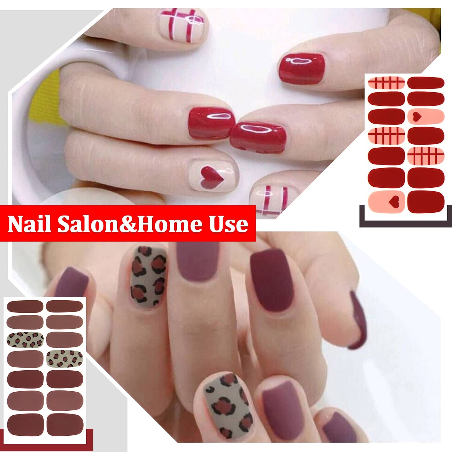 SILPECWEE 16 Sheets Nail Polish Strips Red Plaid Solid Color Nail Wraps for Women Self Adhesive Nail Polish Stickers Gel Nail Strips Fingernail Manicure Sticker Nail Art