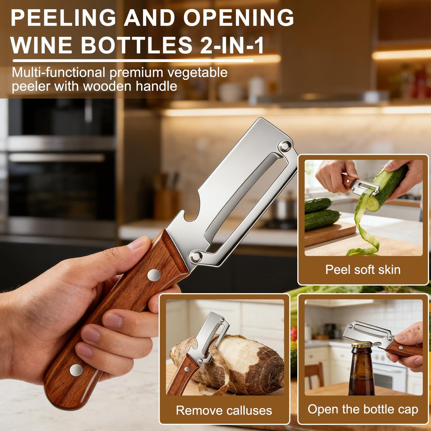 Multi-Functional Vegetable Peeler for Kitchen, 2 in 1 Stainless Steel Vegetable Peeler with Wooden Handle and Bottle Opener,Kitchen Tool for Fruit Apple Potato Carrot Pumpkin Papaya (2pcs)