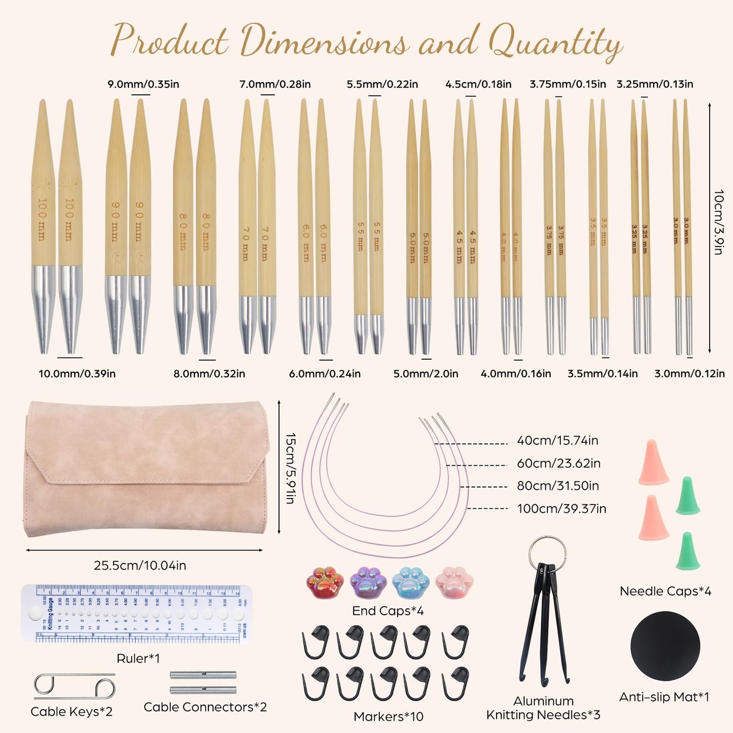 Soleeya 13 Pairs Interchangeable Knitting Needles Set,Interchangeable,Circular Bamboo Knitting Needles for Beginners 0.12-0.39in Handmade DIY, Complete Accessories