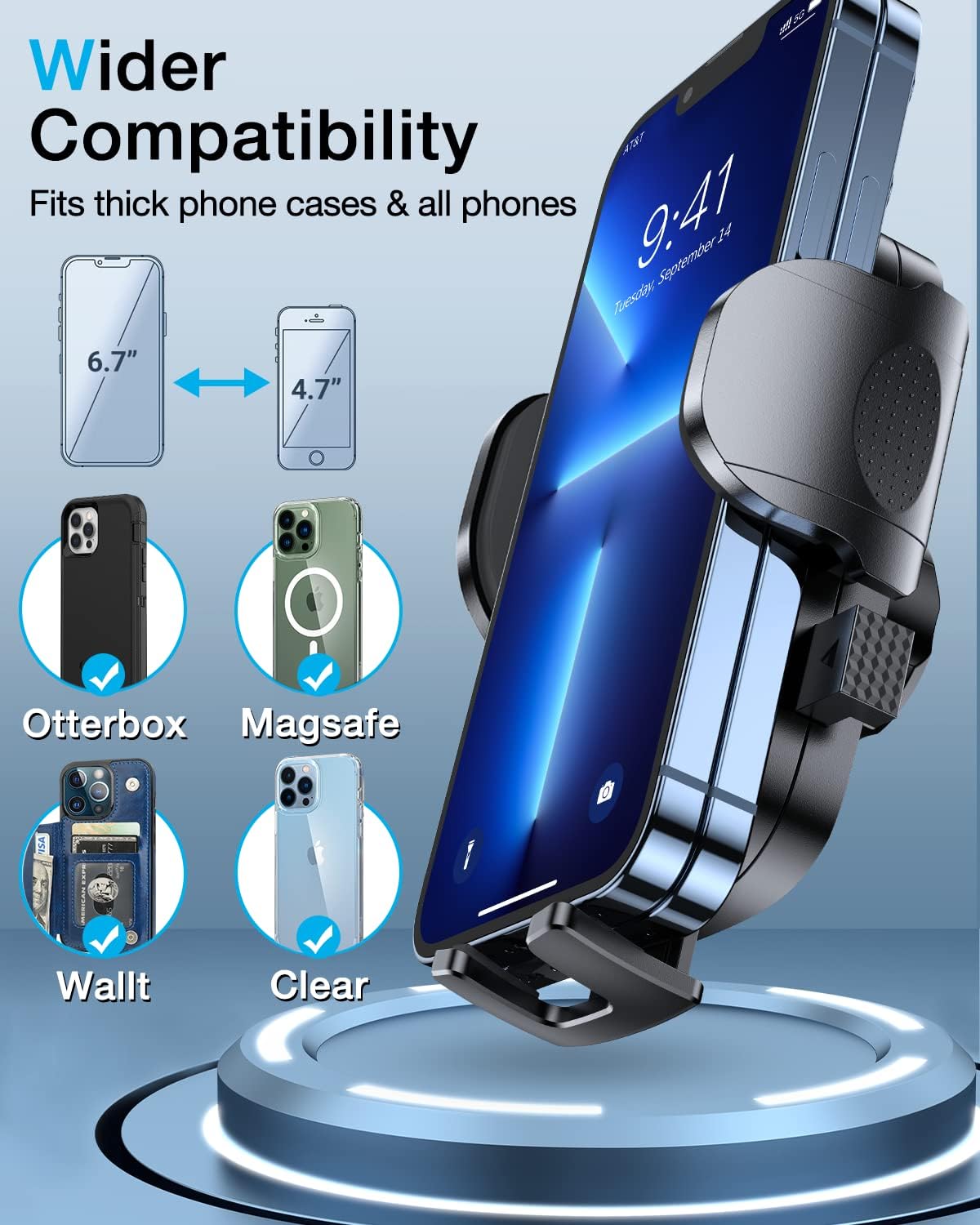 HTU [True Military-Grade] 2025 Upgraded Car Phone Holder 【Safety Certs & No Smell】 Cell Phone Holder for Car Mount for Dashboard Windshield Air Vent Long Arm Thick Case,Sapphire Blue