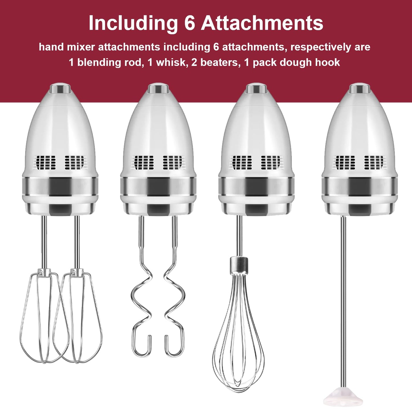 Hand Mixer Attachments Beater, Whisk, Blending Rod and Dough Hooks, Stainless Steel Hand Mixer Accessories Compatible with Kitchenaid Hand Mixers KHM3 KHM5 KHM7 KHM9, Set of 6
