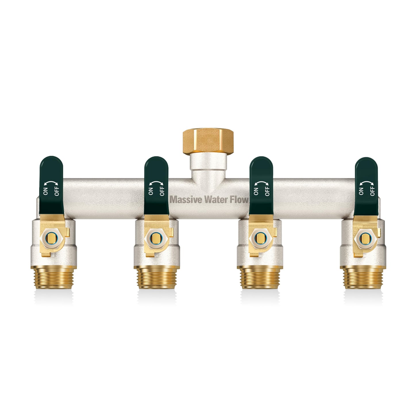 4 Way Hose Splitter, Heavy Duty Full Flow Garden Hose Splitter with 4 Large Metal Handles, Brass Water Hose Bib Splitter, T Adapter Connector with 3/4 - Inch GHT Thread (Green)