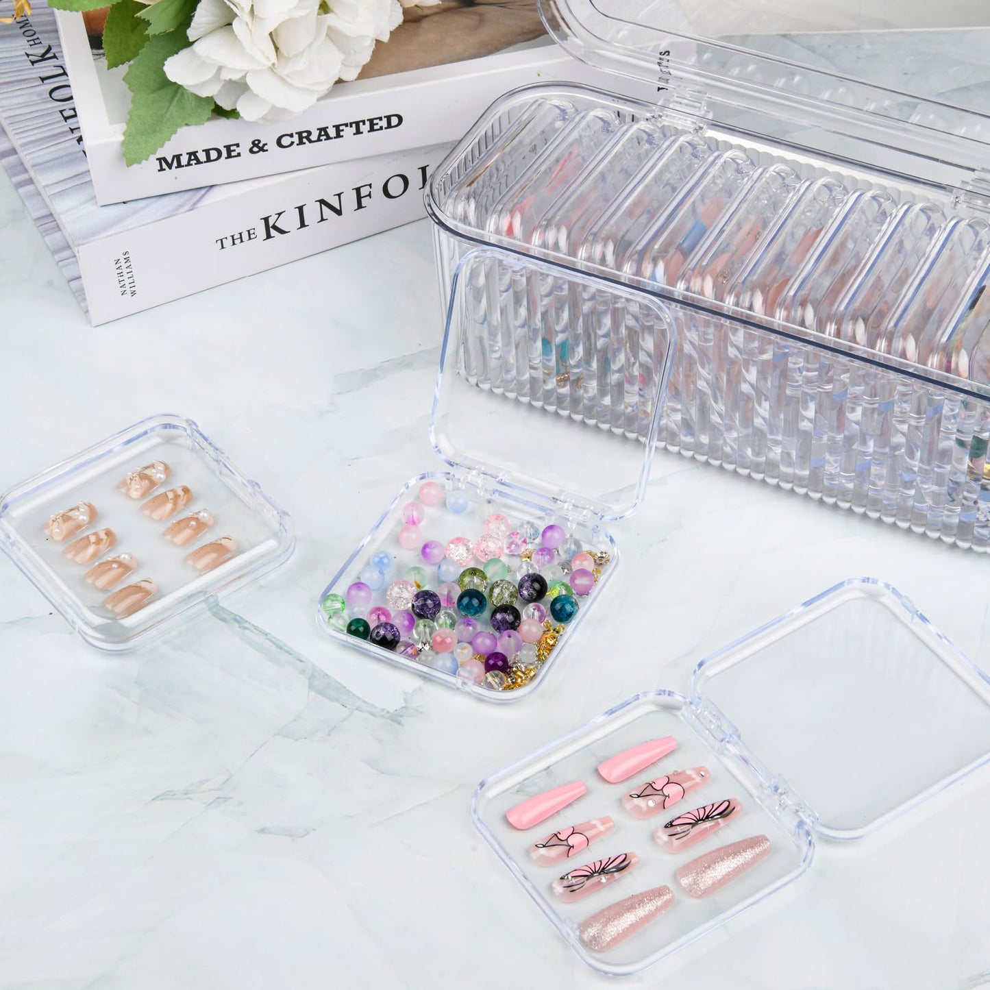LONTOHCE Press On Nail Orgnizer 12pcs 3.3inch Clear nail storage box and 1 large storage box for Press On Nail Packaging and fake Nail Storage Nail Display with double sided tape.