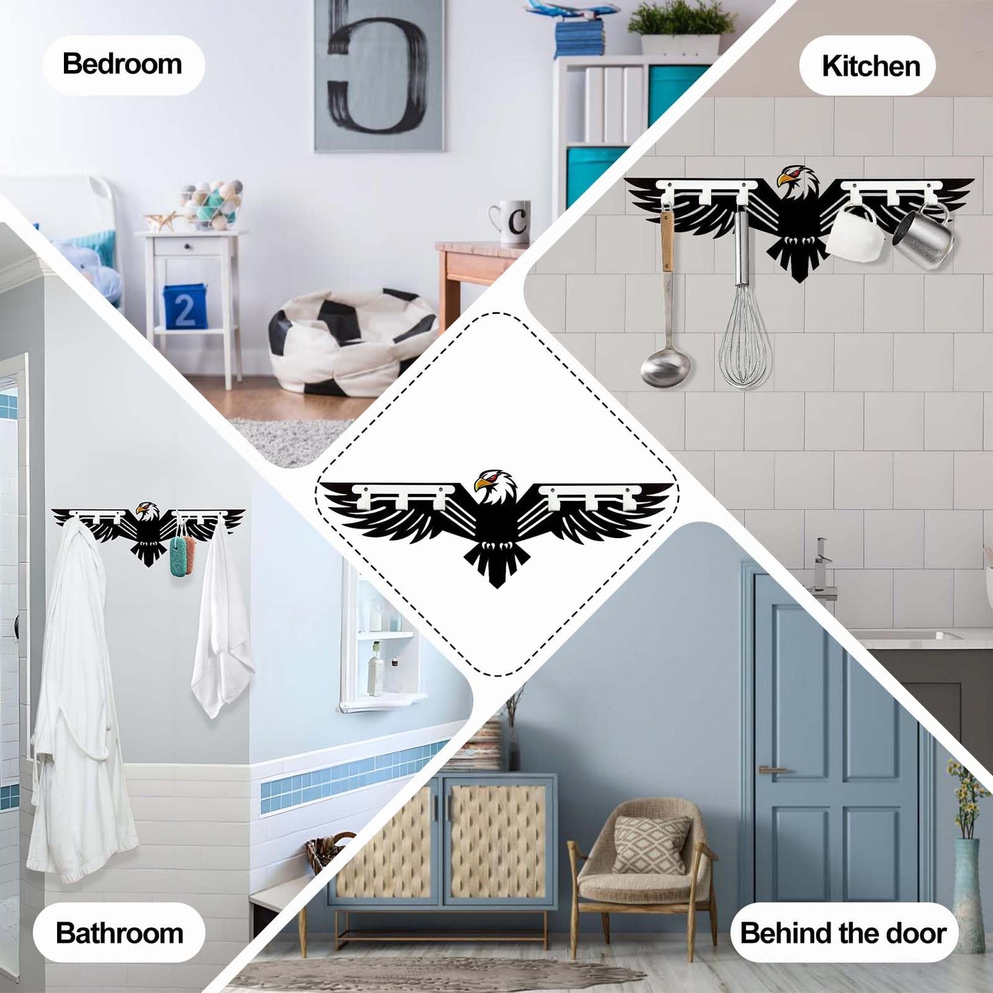 Eagle Key Holder Wall Mount - Metal Eagle Key Holder for Wall Animal Theme Hooks Hangers Key Rack Organizer Walls Art Decor Home Hooks Decor for Storage, Living Room, Hallway, Office (Black)