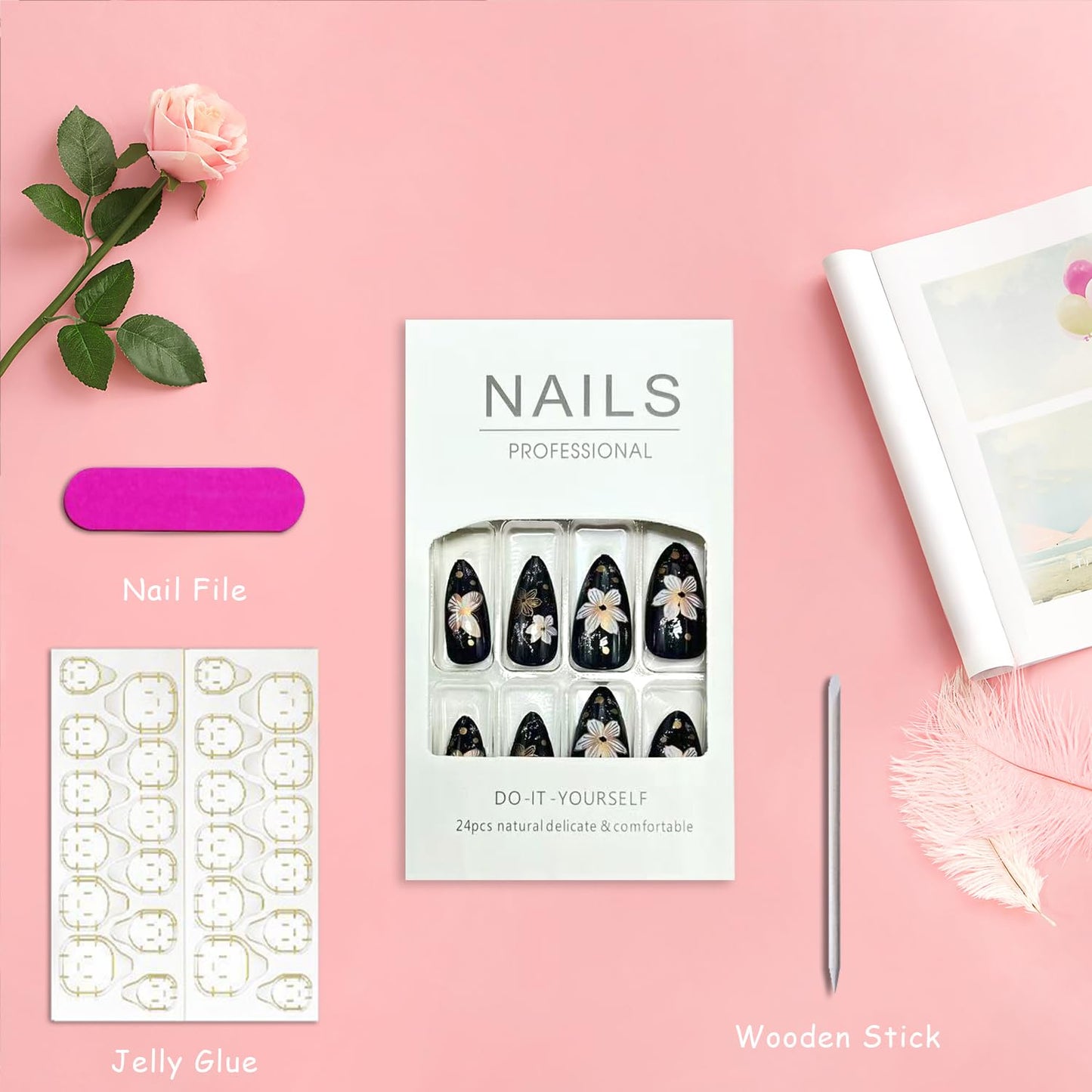 Retro Butterfly Press on Nails Medium Almond Fake Nails Flower Pattern Glue on Nail Glossy Full Cover Acrylic False Nail for Women