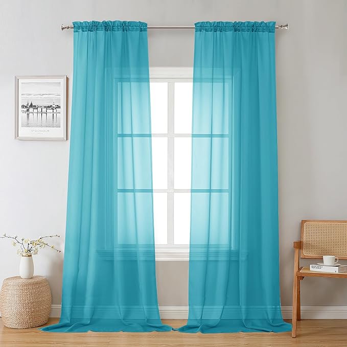 Chyhomenyc Turquoise Sheer Curtains 108 Inches Long - Light Filtering Voile Extra Long Panel Drapes for Floor to Ceiling Window, Elegant Soft Living Room Curtains, Each 42Wx108L Inch, 9FT, 2 Panels