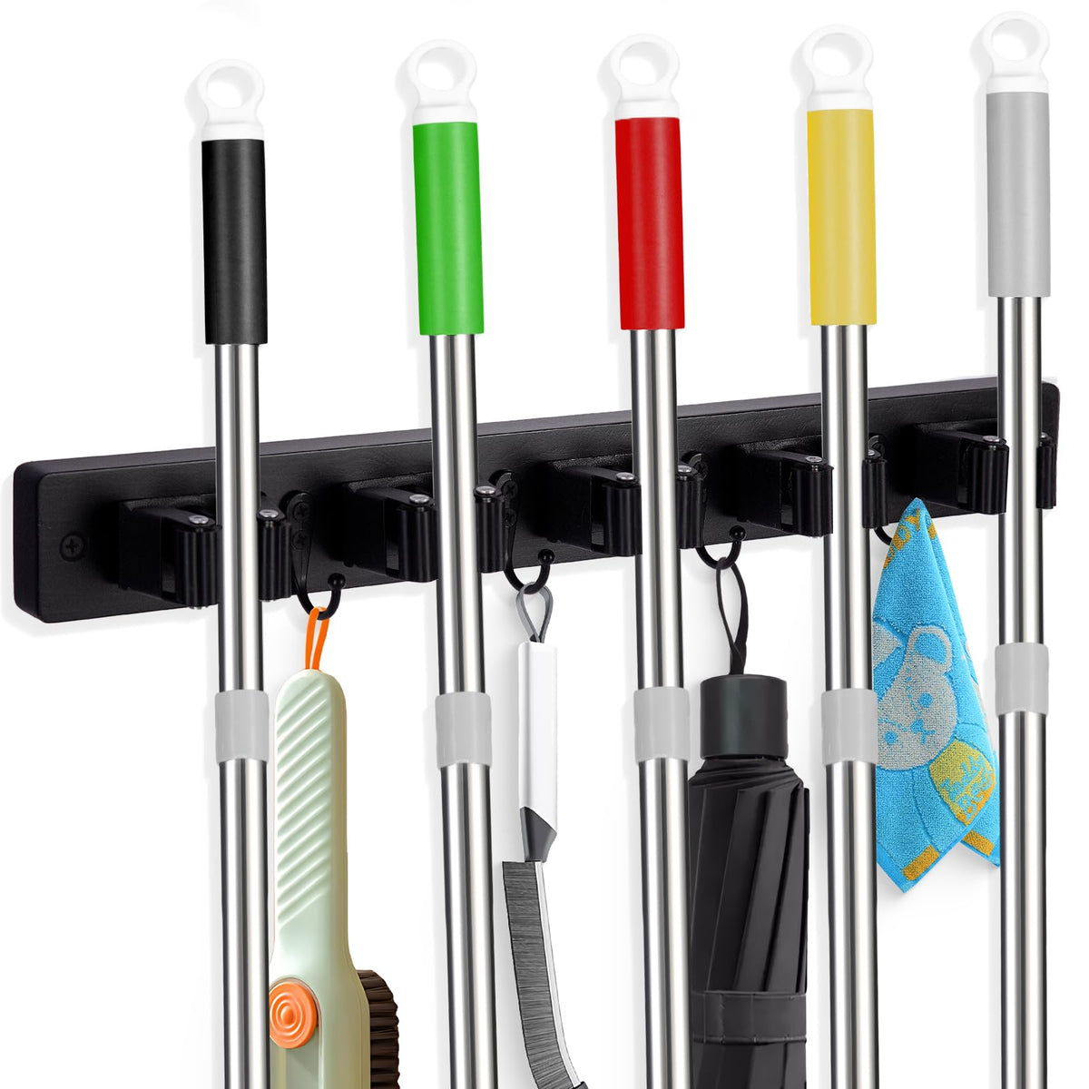 Broom Holder Wall Mount With 5 Slots & 4 Hooks