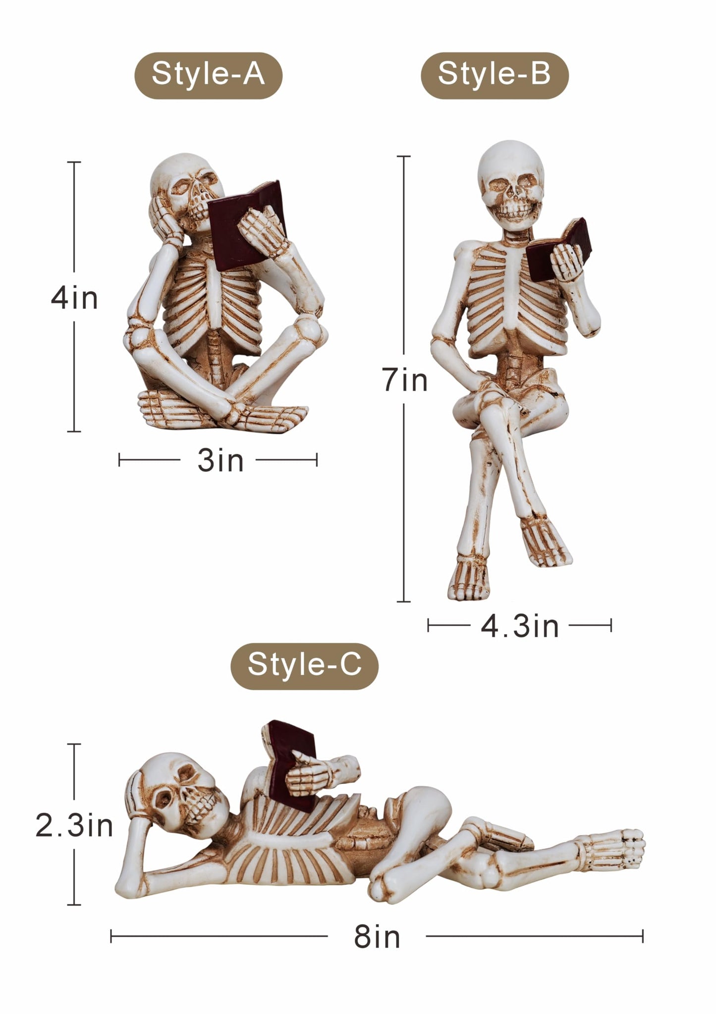 Dlfghos 3 Pieces Halloween Skeleton Statue Halloween Skull Figurine Home Decor Reading Skeleton Figurines Decorations for Indoor Fireplace Home Kitchen Desk Office Party