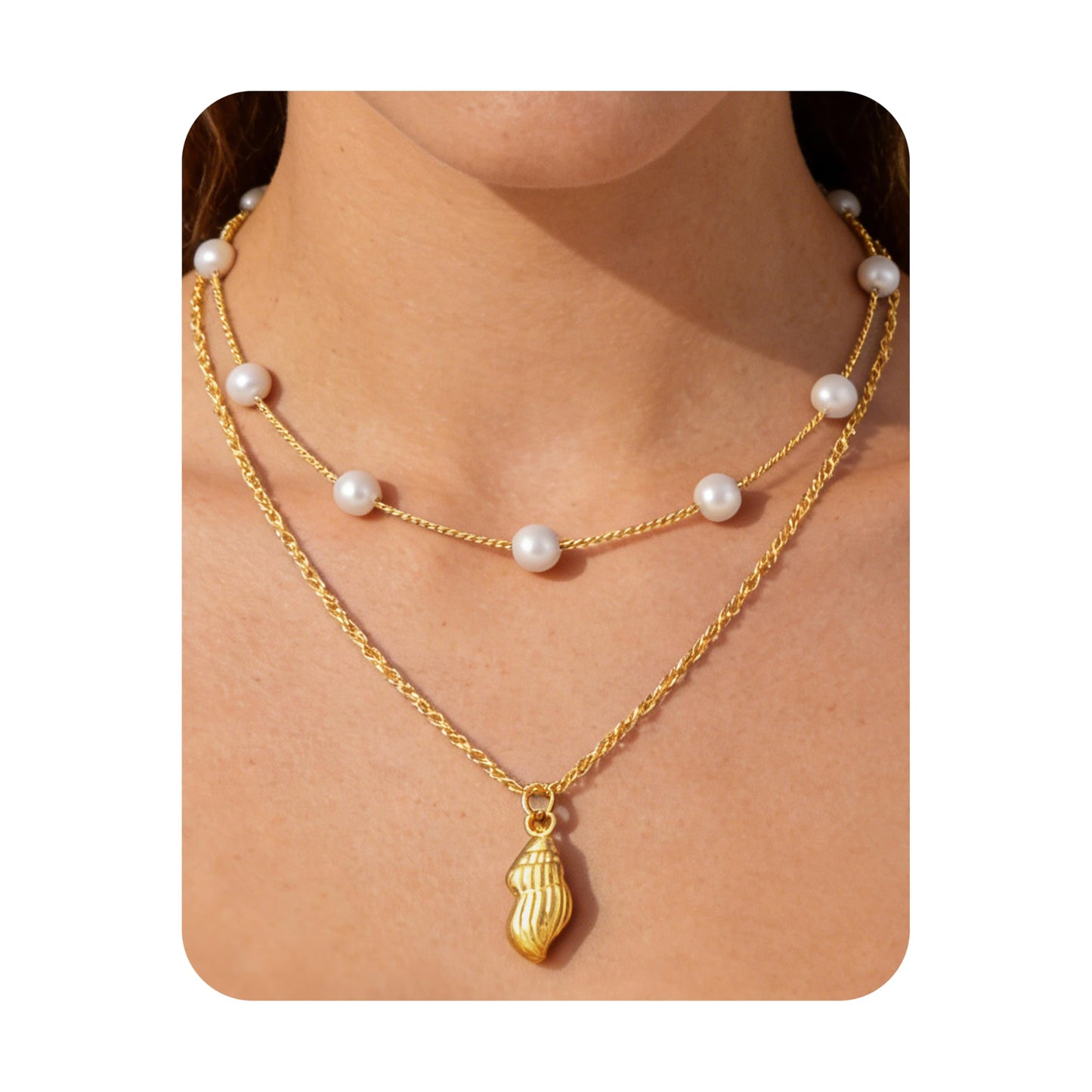 Beach Layered Starfish Necklace for Women, 14K Gold Plated Shell Conch Seashell & Pearl Charm Pendant, Dainty Coastal Summer Vacation Jewelry
