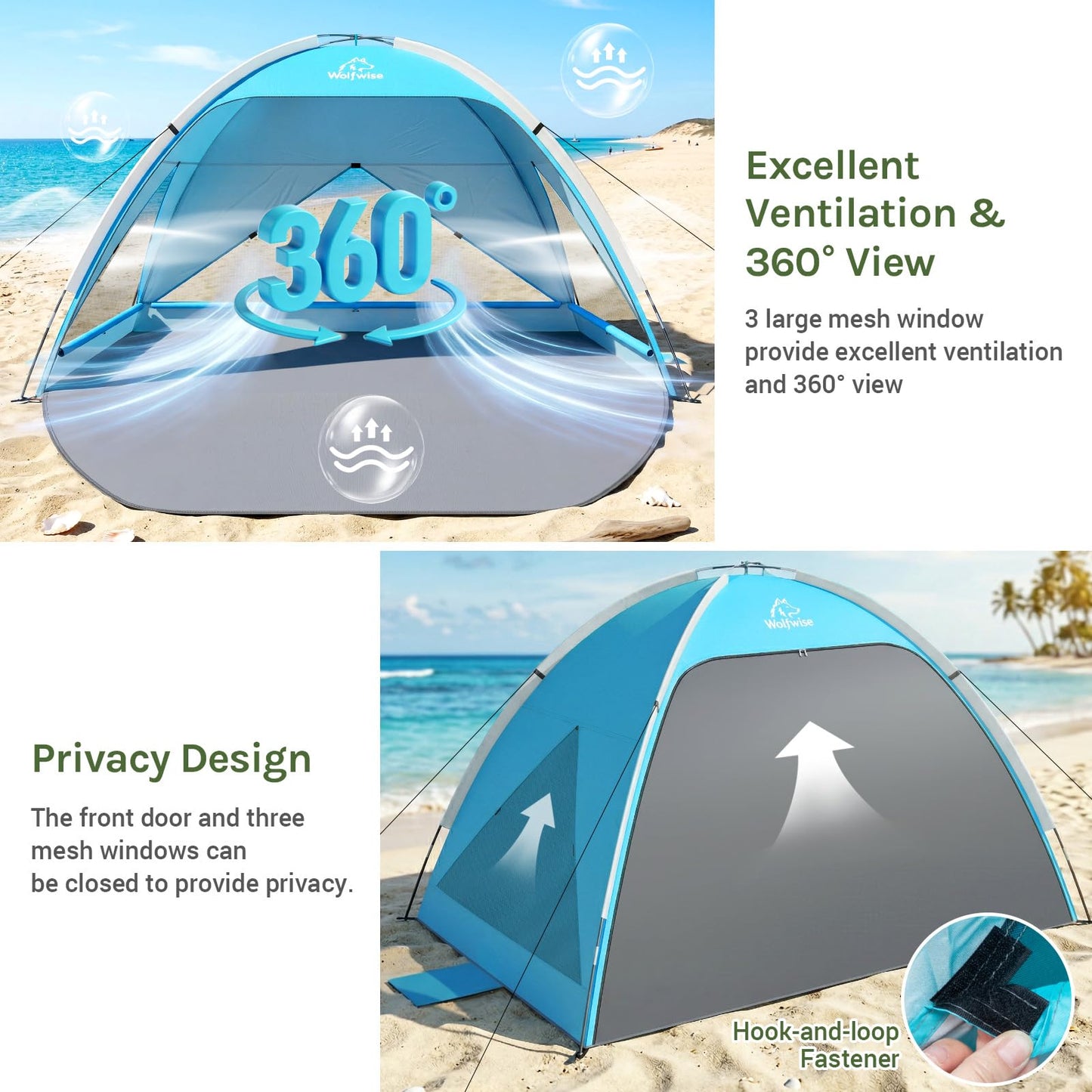 Wolfwise Large Beach Tent Sun Shelter for 3-4 Person, Spacious Sun Shade UPF 50+ UV Protection, Extendable Floor for Privacy, 3 Ventilated Mesh Windows, Portable with Carrying Bag, 95 ″x65″x55″, Blue