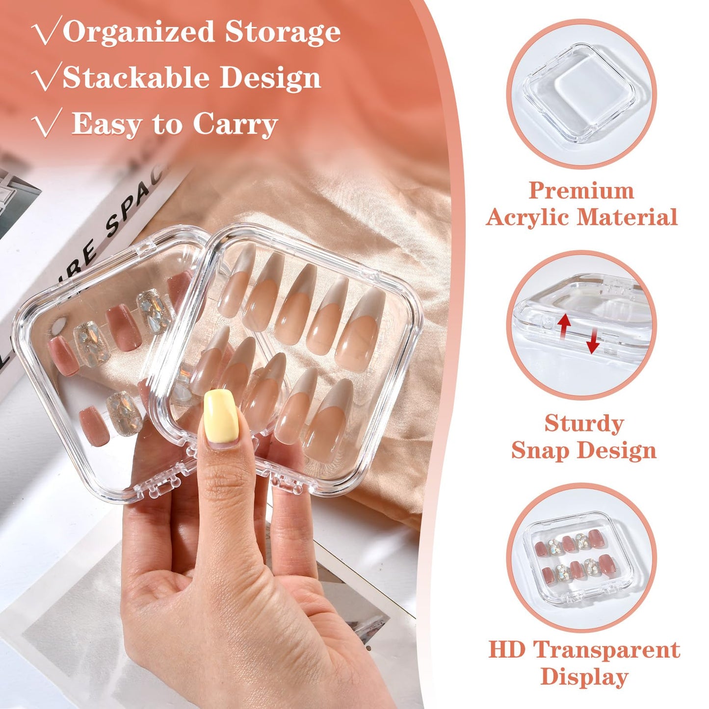 Aemygo 48 Sets Press On Nail Storage Box, Clear Artificial Nail Display Case Acrylic Nail Boxes Press On Nail Packaging Box, Adhesive Double Sided Tape Nail Box for Nail Salon