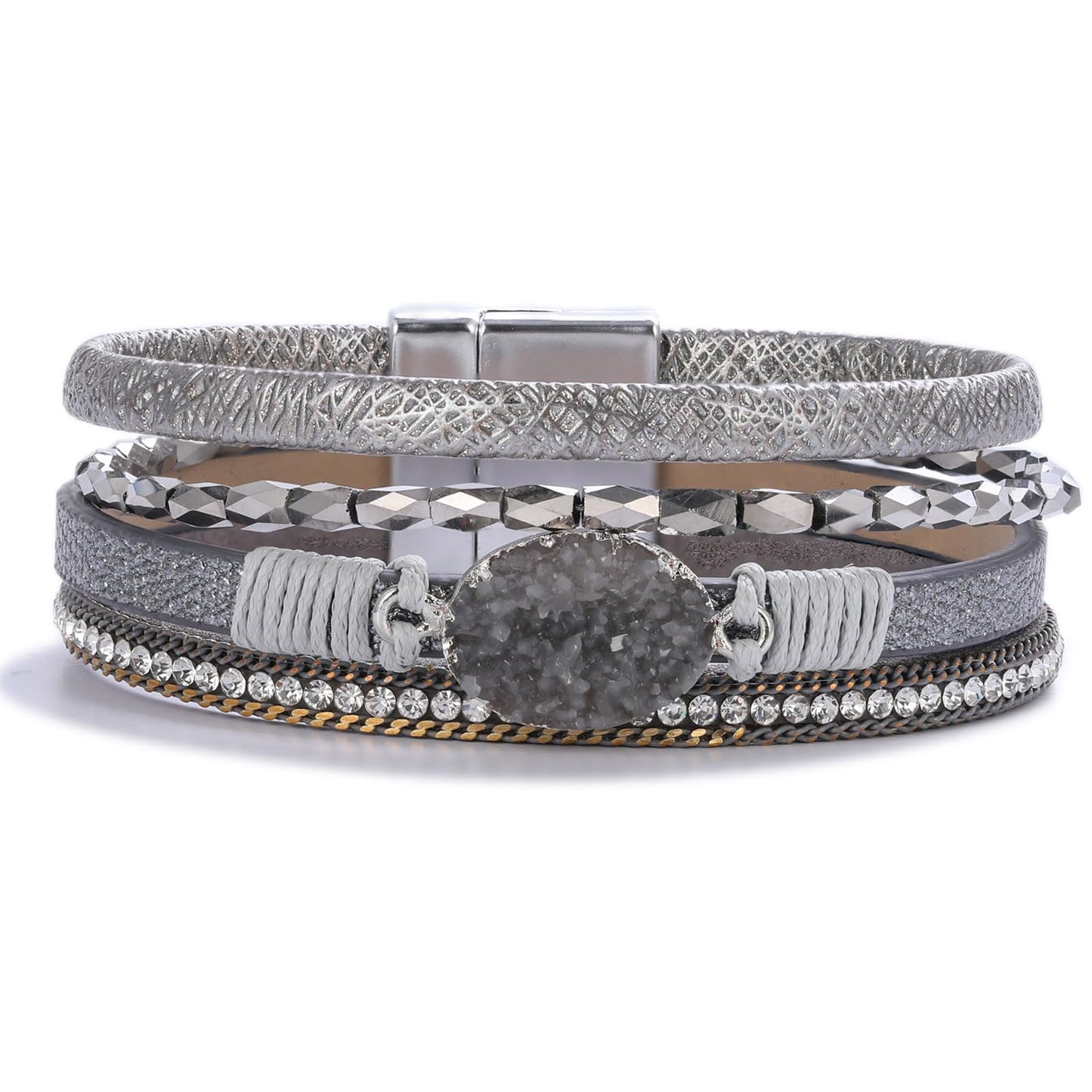 FANCY SHINY Boho Leather Wrap Bracelet Stackable Chunky Crystal Cuff Bracelets with Magnetic Clasp Cowboy Cowgirl Western Summer Beach Outfits Jewelry Gifts for Women (7.7", Grey)
