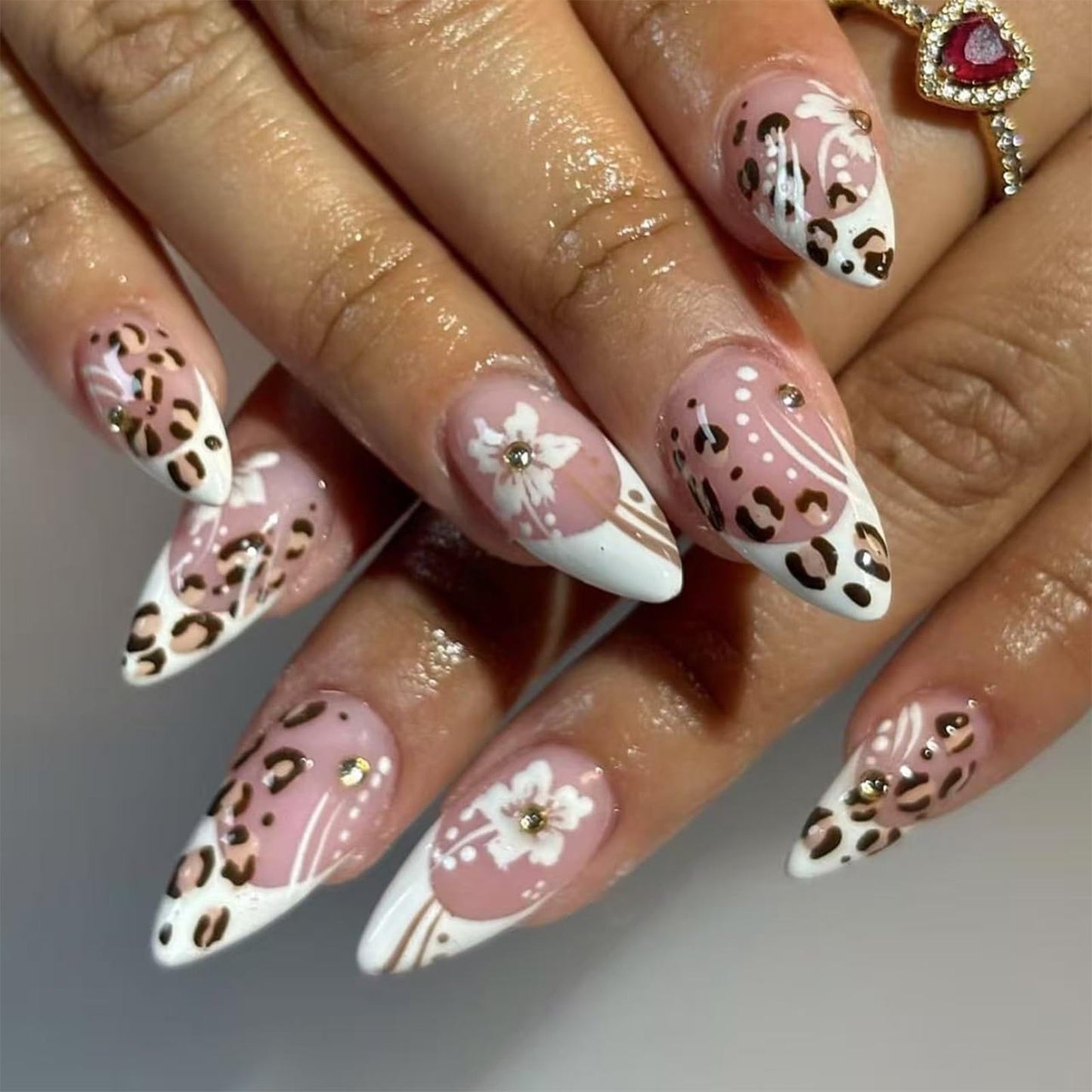 IMSOHOT Press on Nails Almond Medium Fake Nails White French Tips False Nails with Leopard Print Design Flower Acrylic Nail Supplies Glossy Full Cover Glue on Nails for Women 24Pcs