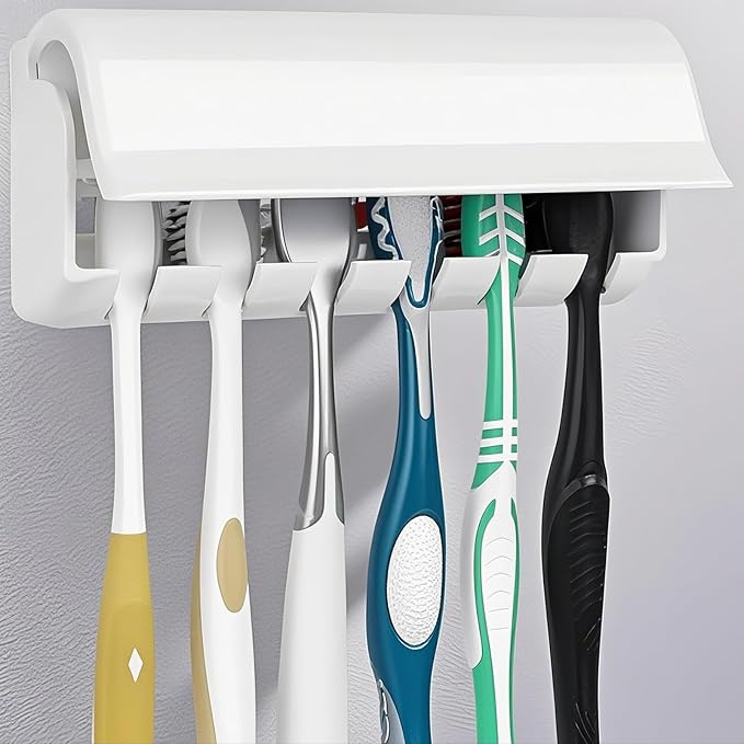 6 Slots Toothbrush Holder Wall Mount with Cover, Self Adhesive Toothbrushes Storage Organizer Perfect for Dorm Bathrooms and Shower, Holds 6 Toothbrushes. White