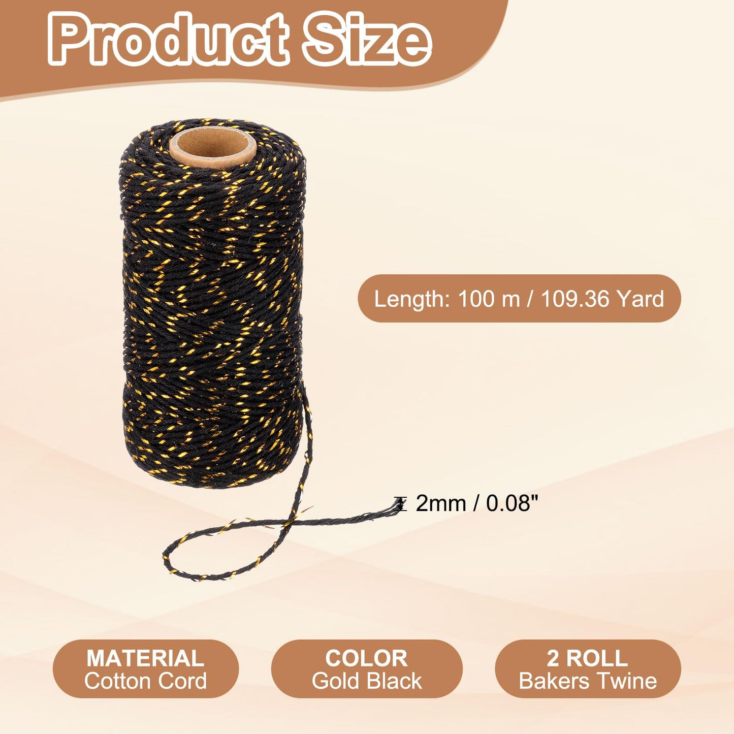 PATIKIL 2mm x 109 Yard Cotton Butcher Twine, 2 Roll Cotton Bakers Twine String Rope Cord for Gift Wrapping Arts Crafts Party Decorations Gardening, Gold Black
