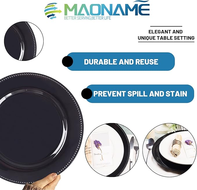 MAONAME Black Charger Plates, Round Dinner Charger with Beaded, 13 Inch Plastic Plate Chargers for Wedding, Table Decor, Set of 12