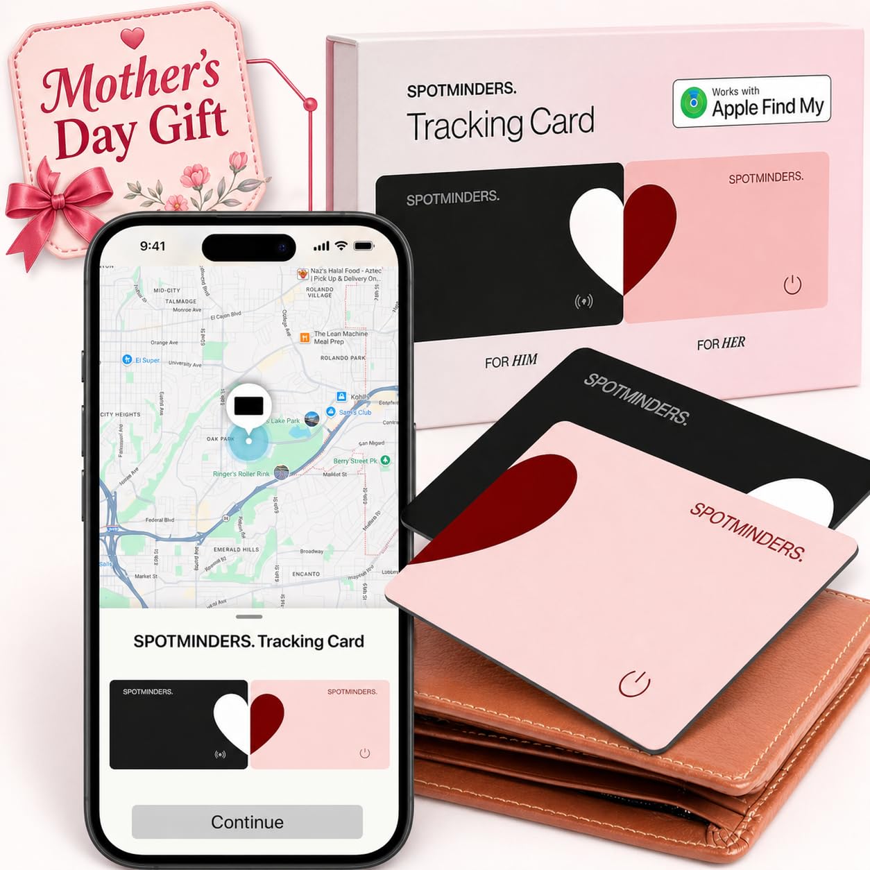SPOTMINDERS Apple MFi Certified Wallet Tracker 2-Pack Black & Pink (iOS Only) Gifts for Mom 0.07in Works with Apple Find My Rechargeable Tracking Card Slim Item Finder for Mother's Day or Anniversary
