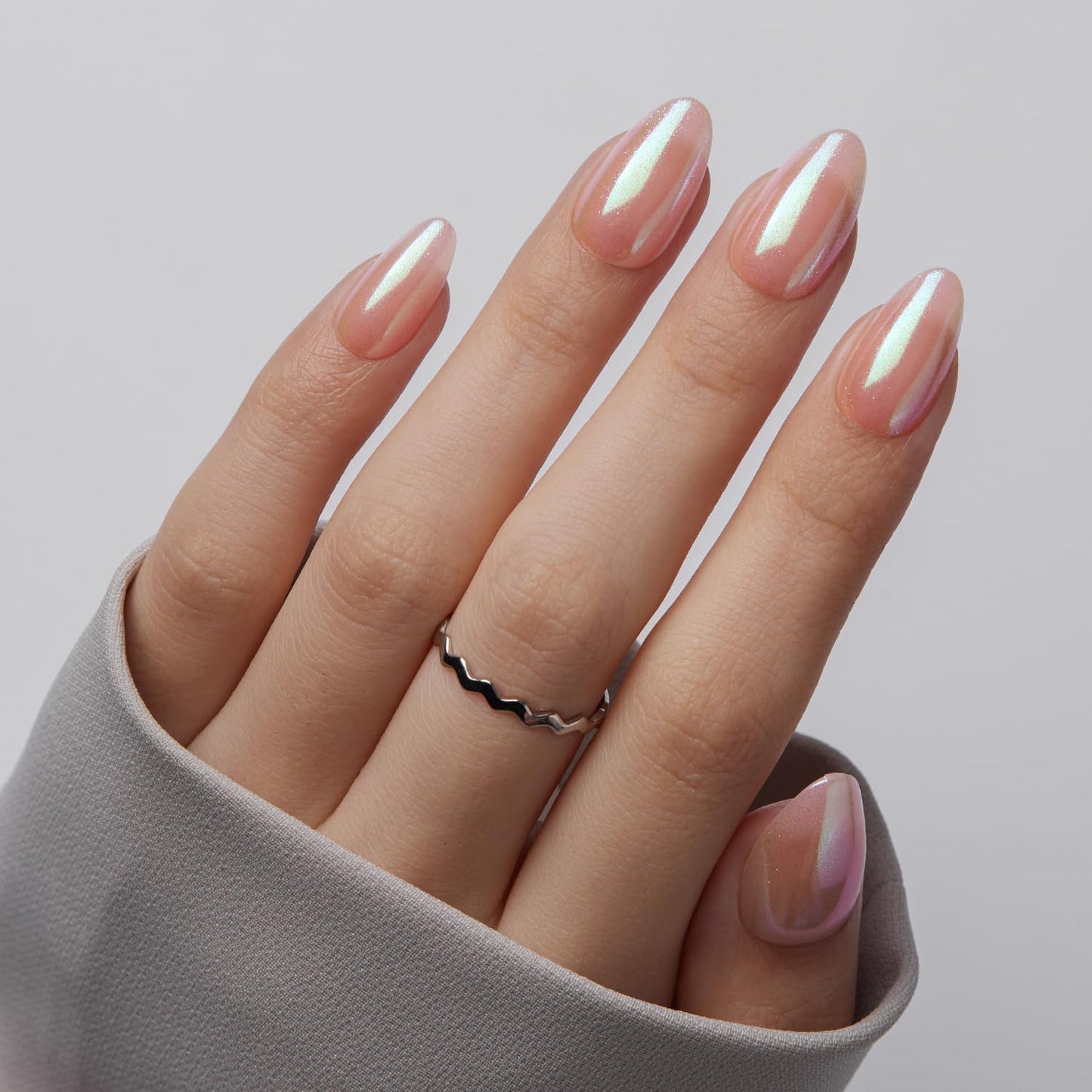 VSALON Press On Nails Short Almond, Nude Pink Pearl Chrome Shimmer Fake Nails With UV Glue, Reusable Stick On Nails Acrylic Neutral Glazed Donut Spring Glue On Nails in 16 Sizes - 32 Nails Kit