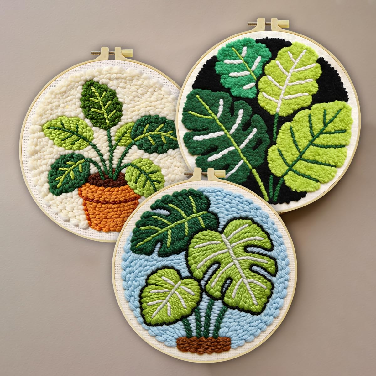 JOZYSH Green Plants of Various Shapes Punch Needle Kits for Beginner, DIY Punch Needle Kit Adults Beginner Include 3 Pre-Printed Fabrics, Embroidery Hoop, Threads, Craft Gifts and Decorations