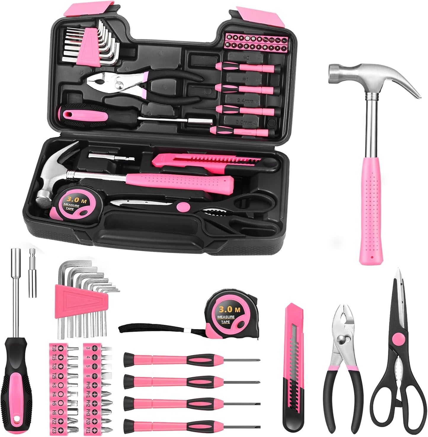 HANGYING 39 Piece Pink Tool Set for Women, All Purpose Household Hand Tool Kit with Plastic Storage Box, Small Tool kit for Home Garage Office College Dorm