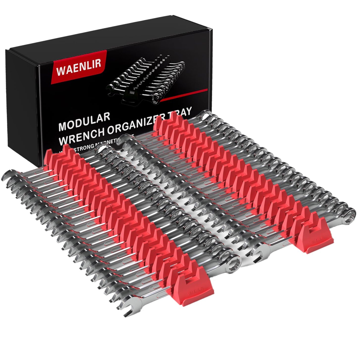 WAENLIR 48PCS Magnetic Modular Wrench Organizer Set-Tool Drawer Storage Rack with Metric&SAE Labels, Wrench Holder with Magnet, Perfect Tool Gift for Men, father, boyfriend, DIYers & Mechanics (Red)