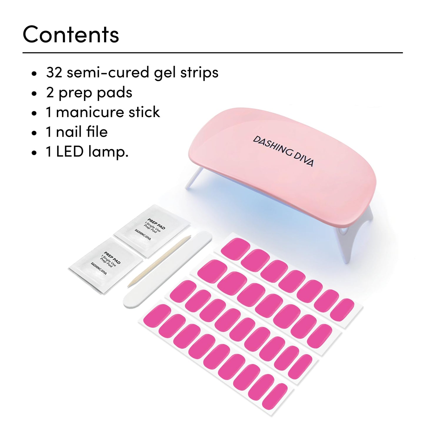 Dashing Diva Glaze Nail Starter Kit - Magenta Madness - Long Lasting, Chip Resistant, Semi-Cured Gel Nail Strips - 7-Piece Manicure Set with 32 Strips and Mini LED Lamp