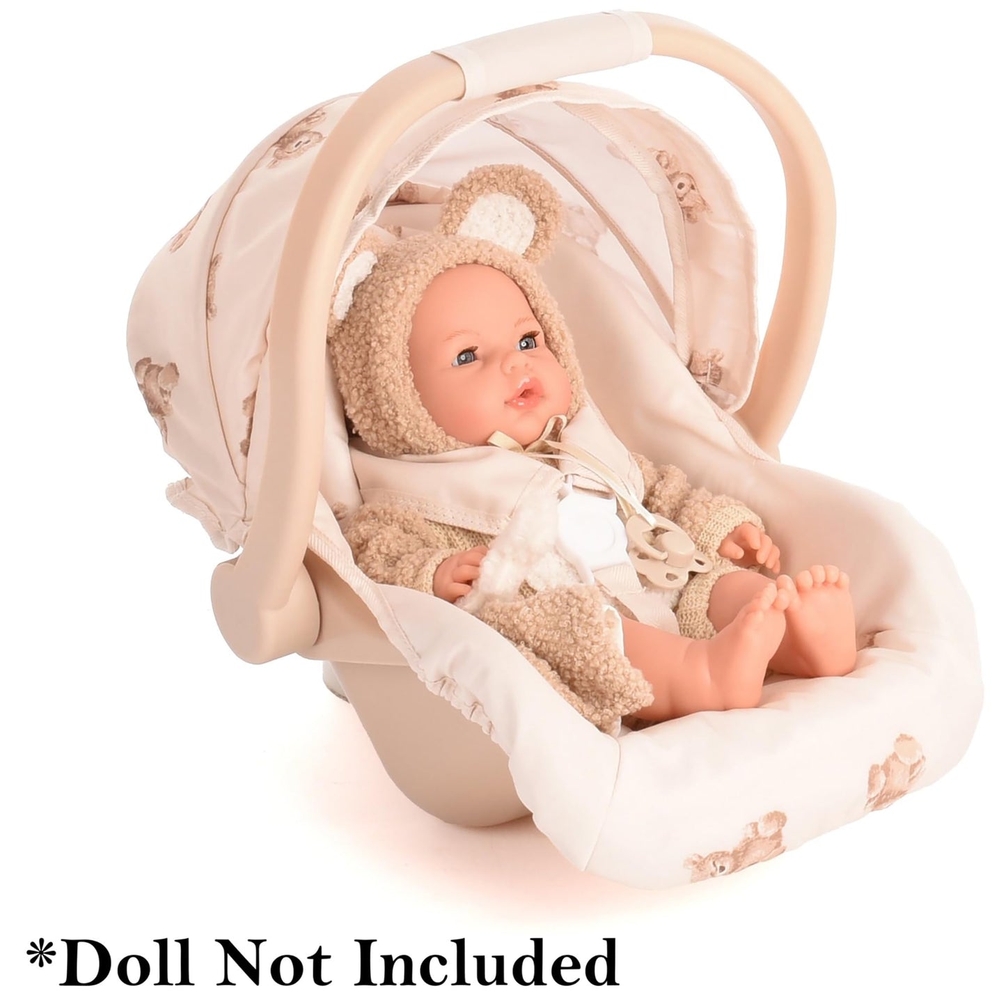 Roma Prams: Teddy Doll Car Seat - Beige-Cream-Bear, Carrier Travel Accessory, Adjustable Canopy & Handle, Roleplay Toy for Dolls Up to 16.5", Kids 3+