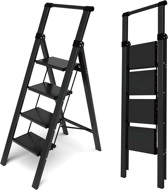 Taranta 4 Step Ladder,Liahtweight Aluminum Laddewith Handgrip, Portable Folding Stepladder with Anti-SlipPedalfor Home, Ofice, Kitchen 330lbs - Black