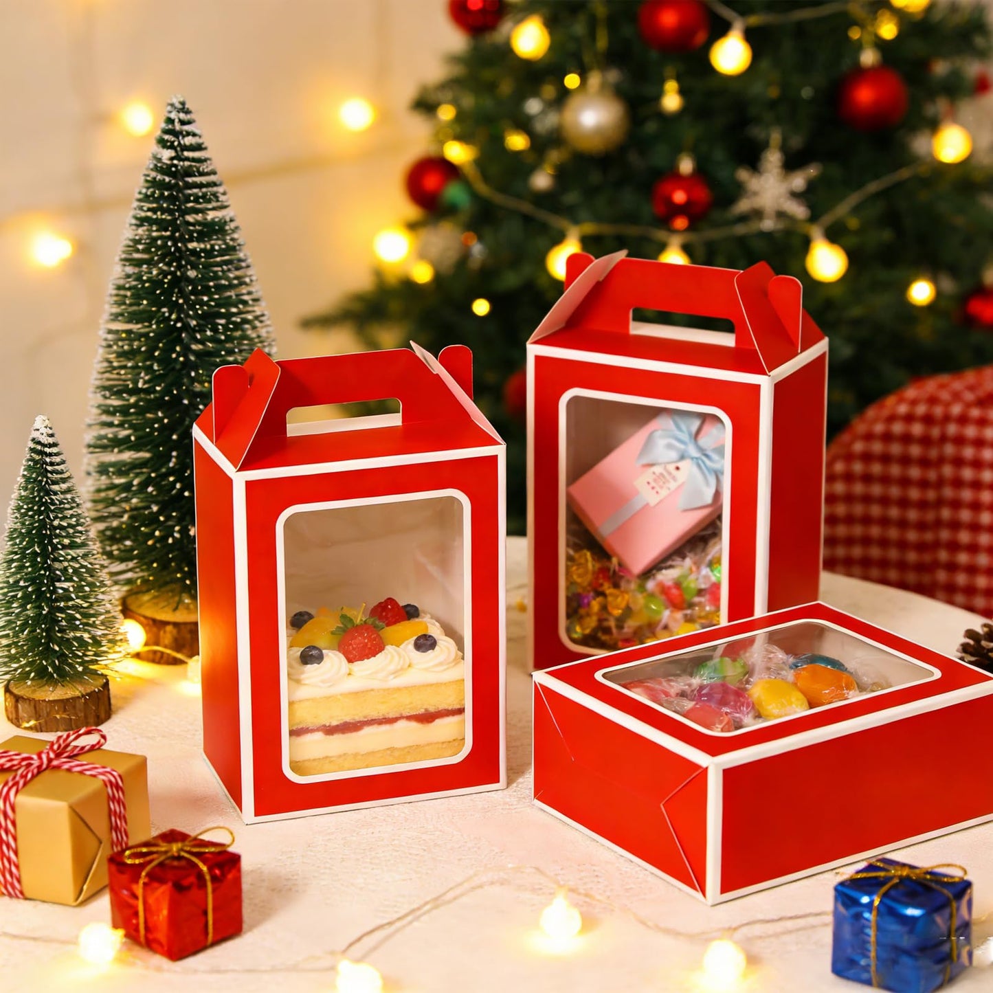 KNNSRE 12 Pcs Clear Gift Bags with Transparent Window Gift Boxes Candy Boxes Flower Boxes 9.8x5.1x7.1 Inch Medium Paper Bags with Handle For Party Business Birthday Wedding Present (RED)