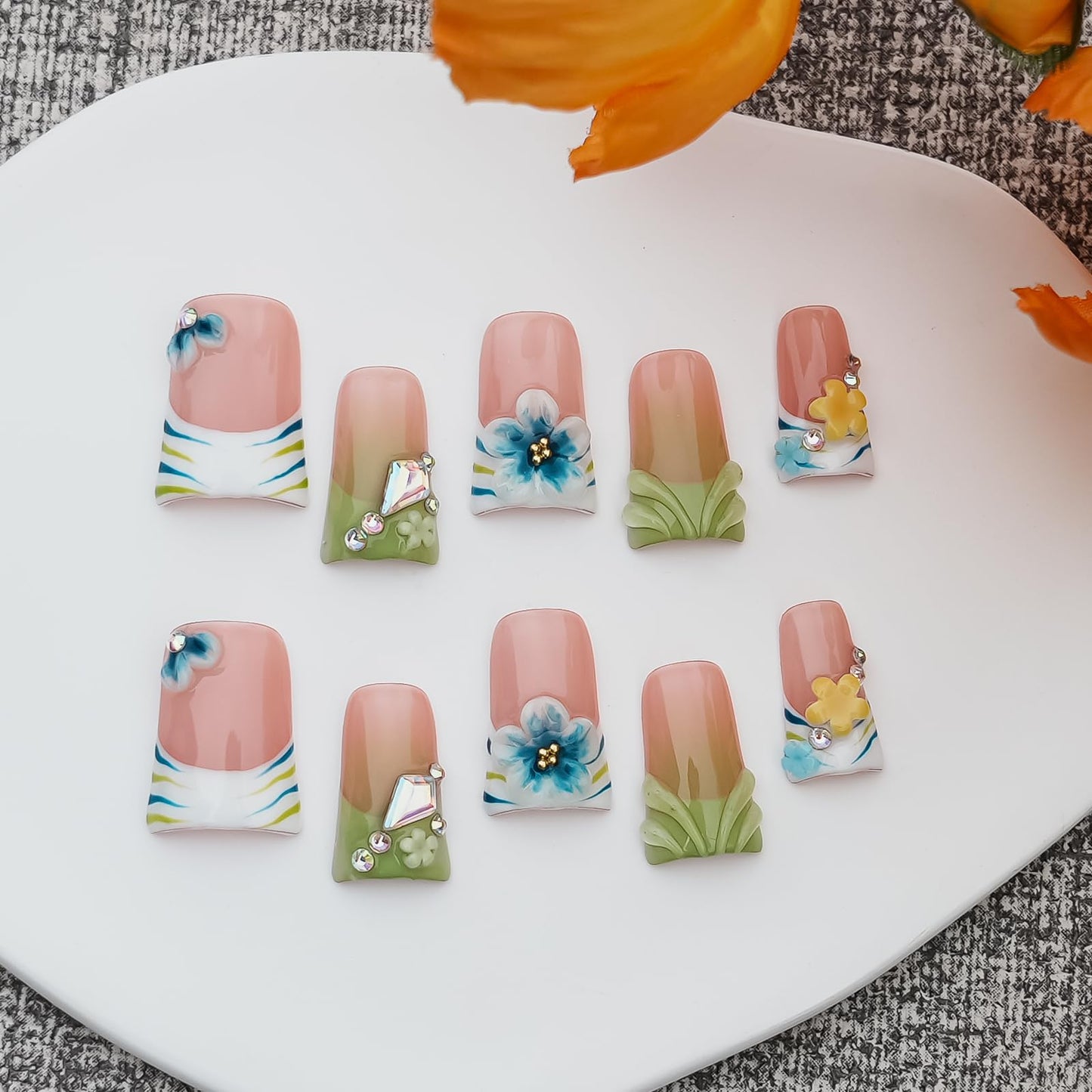 Tesytto 10Pcs Handmade Press on Nails Short Duck Nails Press ons Green French Tip with 3D Floral Rhinestone Design Stick on Nails for Women Nails Art (Whisper in Blush & Mints,S)