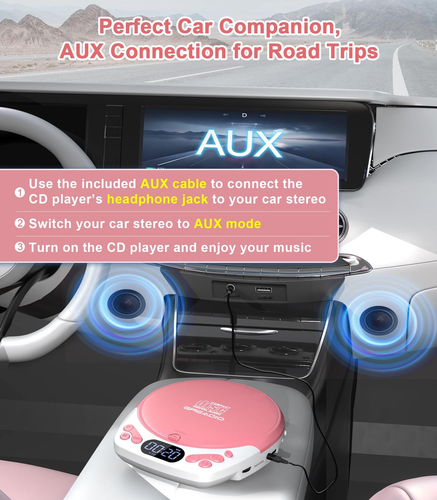 Greadio Discman CD Player with Headphones, Portable Pink CD Player for Car & Home, Rechargeable CD Players with 60s Anti-Skip, Supports CD/MP3/WMA/TF Card/AUX, Backlit/Lock/Programmable/Timer