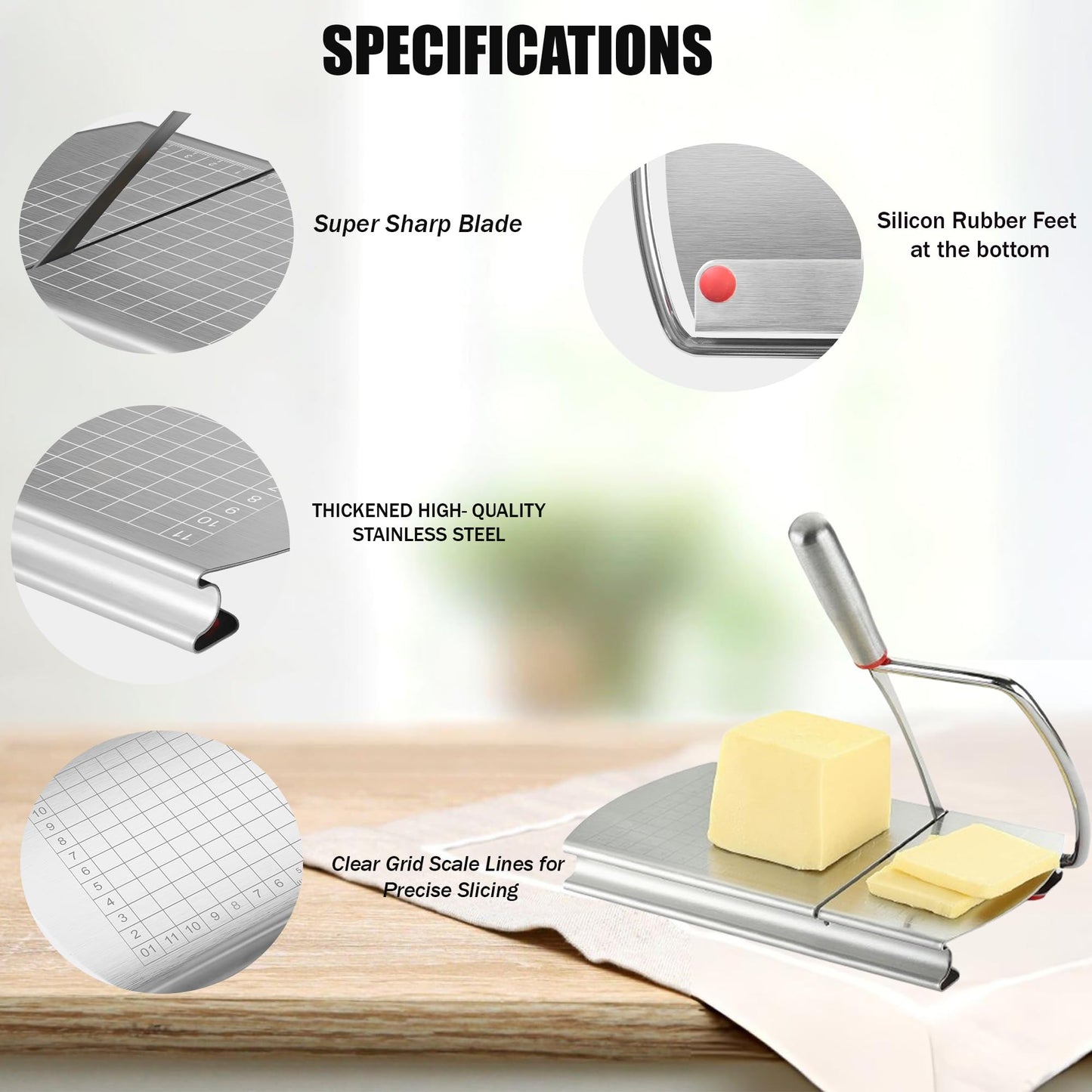 EVER FOUND Stainless Steel Cheese Slicers for Block Cheese Heavy Duty-Multipurpose Cheese Cutter Board with Sharp Knife, Precision Scale and Anti Slip Rubber Pads for cutting Block Cheese & Much More