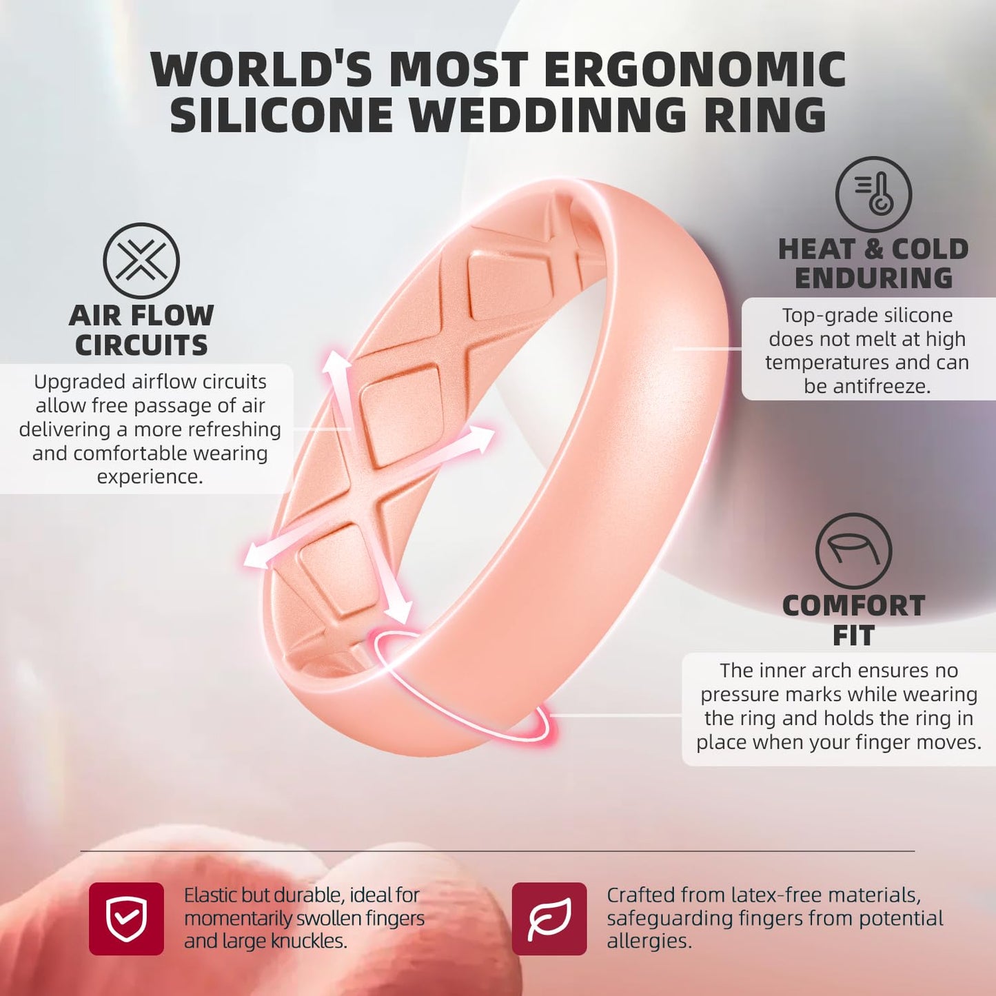 Egnaro Women's Engagement Rings, Silicone Inner Arc Ergonomic Breathable Design with half sizes, Rubber Wedding Band Rings，5.5mm Wide-2mm Thick