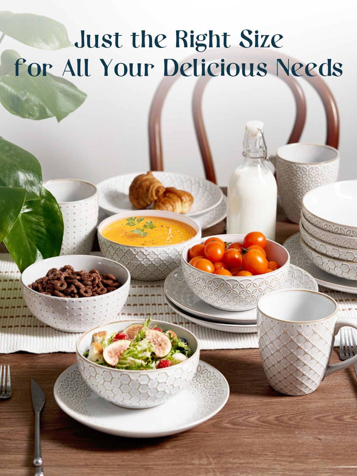 DOWAN Soup Bowls Set of 6, 26 OZ Cereal Bowls for Kitchen, 6" Ceramic Embossment Bowl for Salad, Pho, Fruits, Rice, Large Bowls Decor & Housewarming Gift, Dishwasher & Microwave Safe