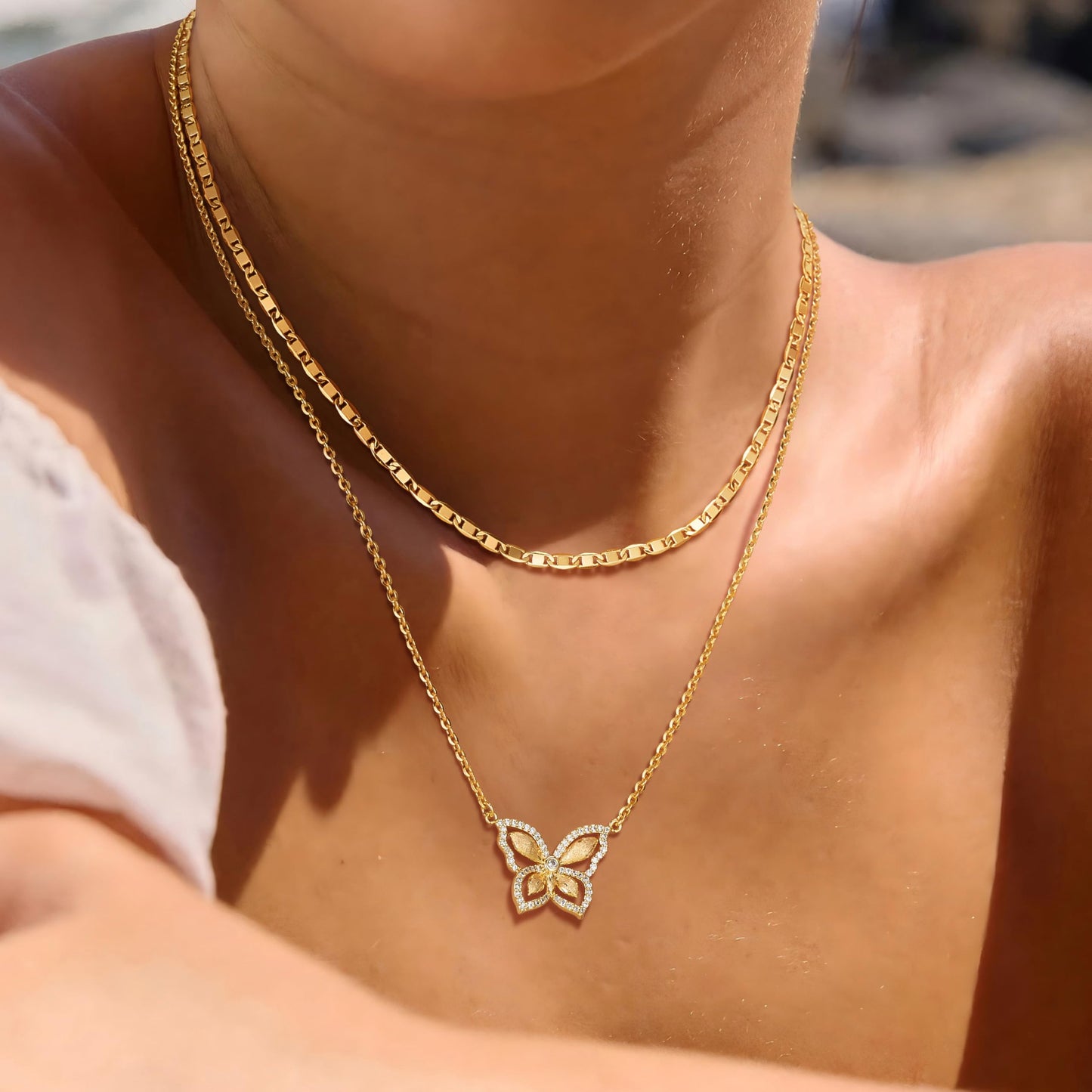 MEVECCO Gold Butterfly Layered Necklace for Women 18K Gold Plated Dainty CZ Charm Cable Choker Chain Double Layer Pendant Necklace Stack Minimalist Handmade Layering Jewelry Set Gift
