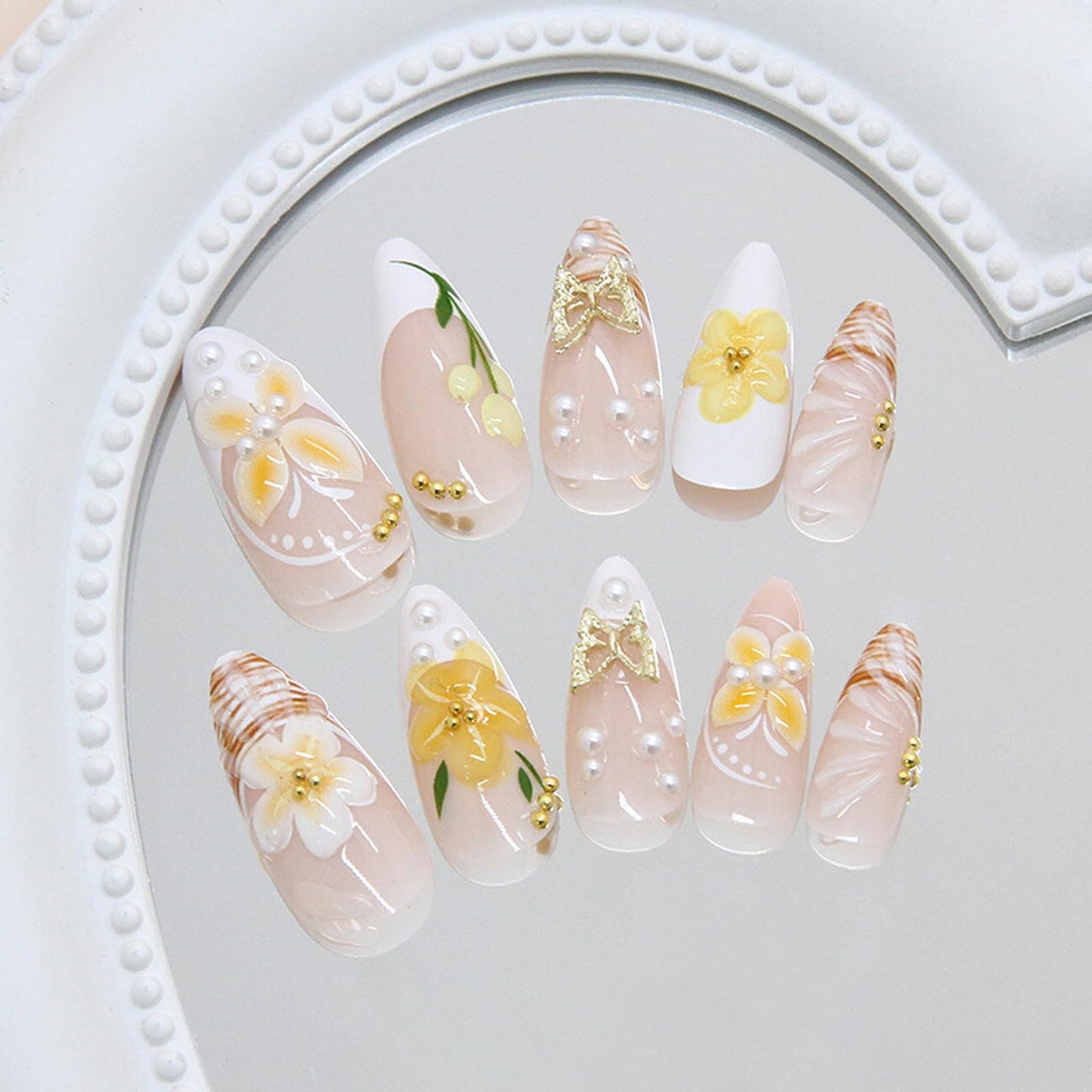 IMRAIN Spring Press on Nails Medium Almond Fake Nails French Nail Tips Full Cover 3D Yellow Flower False Nails Reusable Artificial Stick on Nails for Women