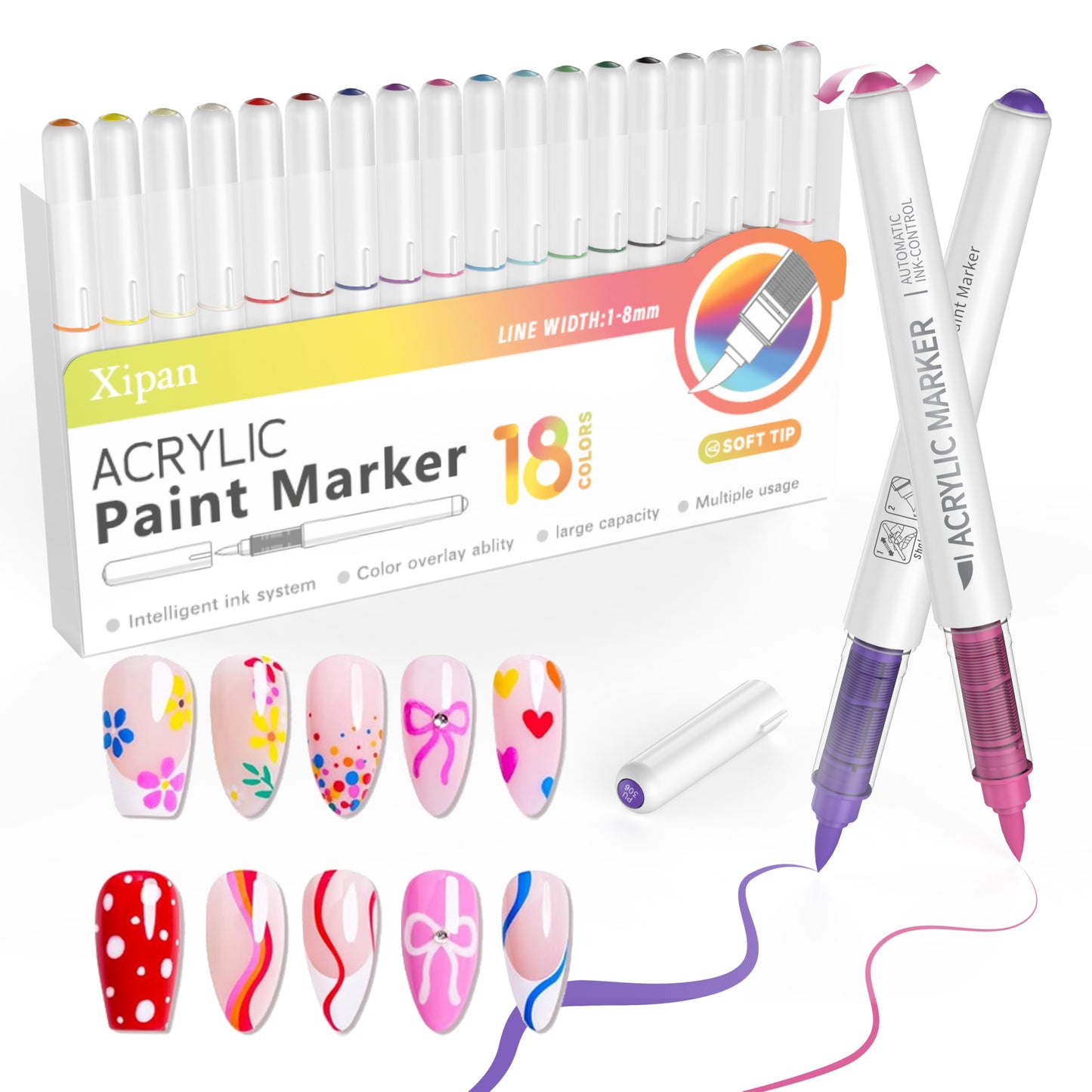 Xipan 18 Colors Nail Art Pens Set, 3D Nail Polish Pens Quick-Drying Nail Art Acrylic Paint Nail Point Dotting Liner Pen Tools for Home & Salon Nail DIY