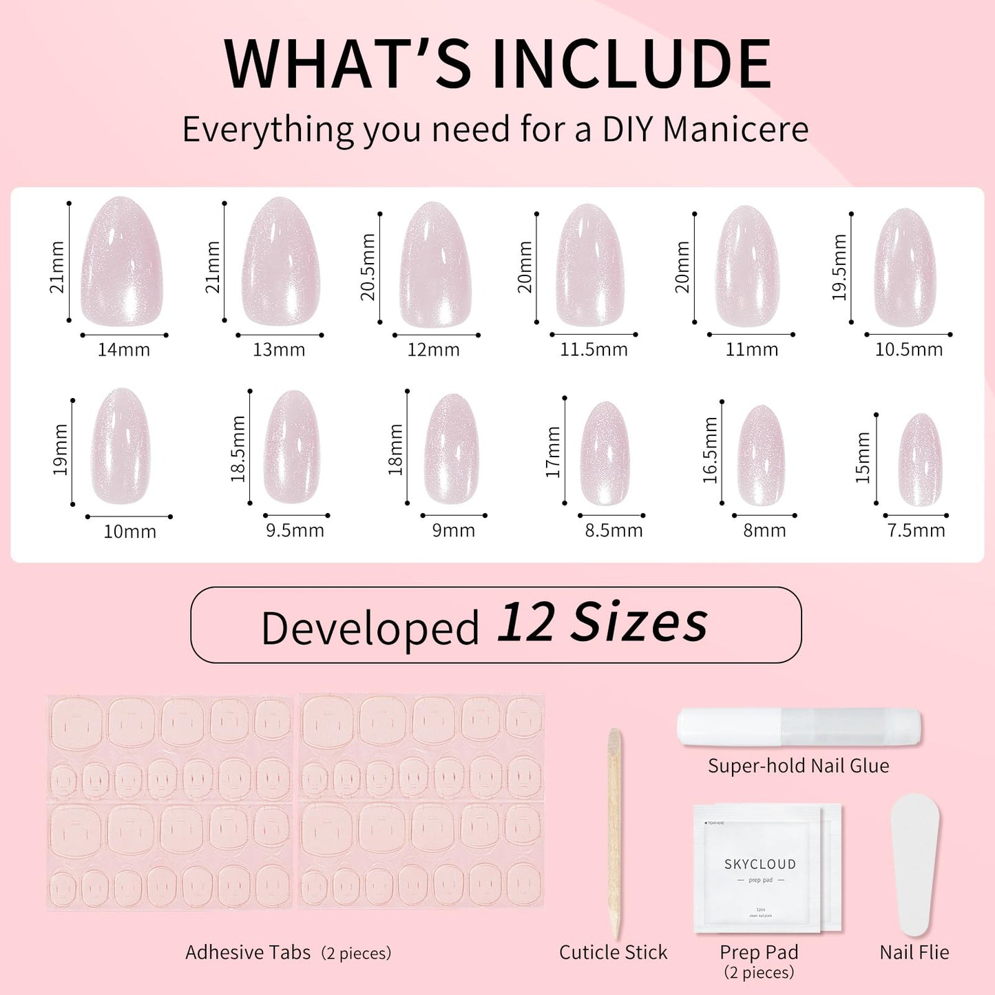 Almond Cat Eyes Press On Nails,12 Sizes - 24 Pcs Soft Gel Light Purple Medium Fake Nails Kit with Nail Glue, Natural Reusable Stick On False Nails for Women and Girls (Skycloud Light Purple) SK0763