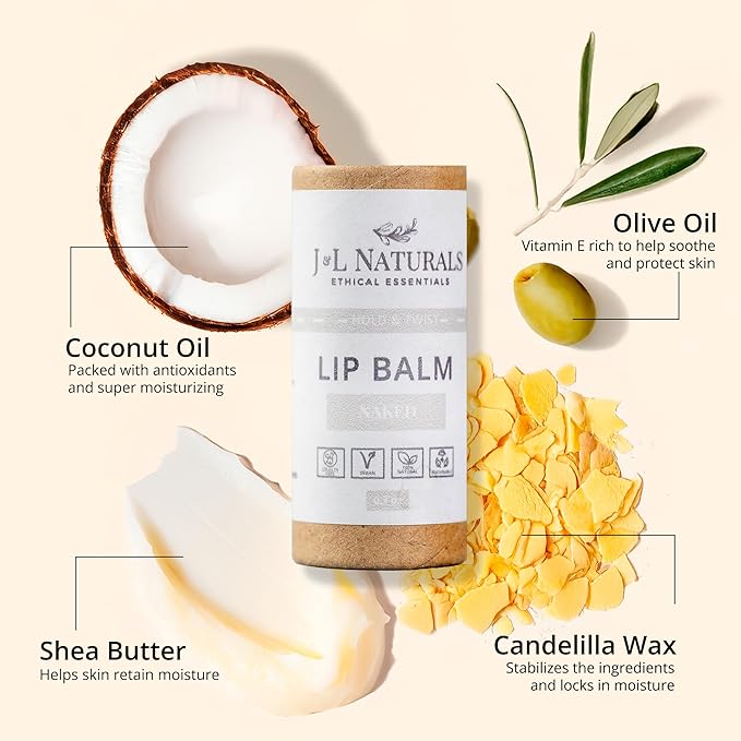 J&L Naturals Sustainable Lip Balm | Organic Ingredients, 100% Natural, Eco-Friendly | Cruelty Free, Vegan, Paraben Free, Silicone Free (Naked (Unscented), 2-Piece Duo)