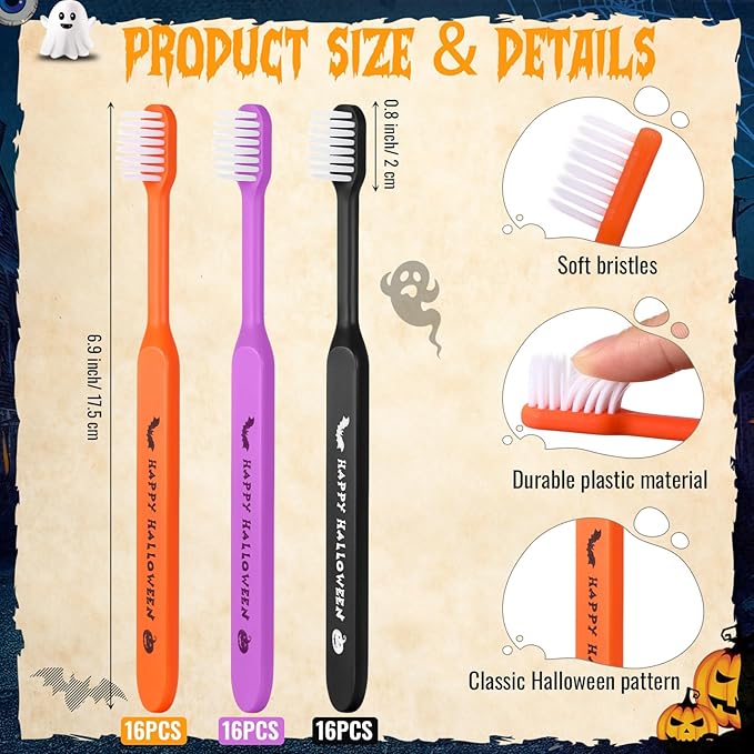 Happy Halloween Toothbrushes, Individually Wrapped Toothbrush for Giveaways, Halloween Toothbrushes Spooky Dental Care Trick or Treat(48 Pcs)