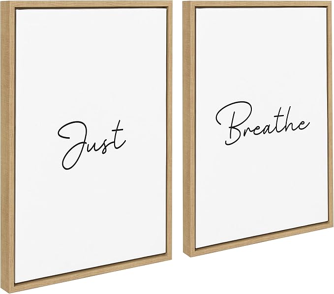 Kate and Laurel Sylvie Just Breath Black and White Framed Canvas Wall Art by The Creative Bunch Studio, 2 Piece 18x24 Natural, Minimalist Calming Art Multi-Piece Set