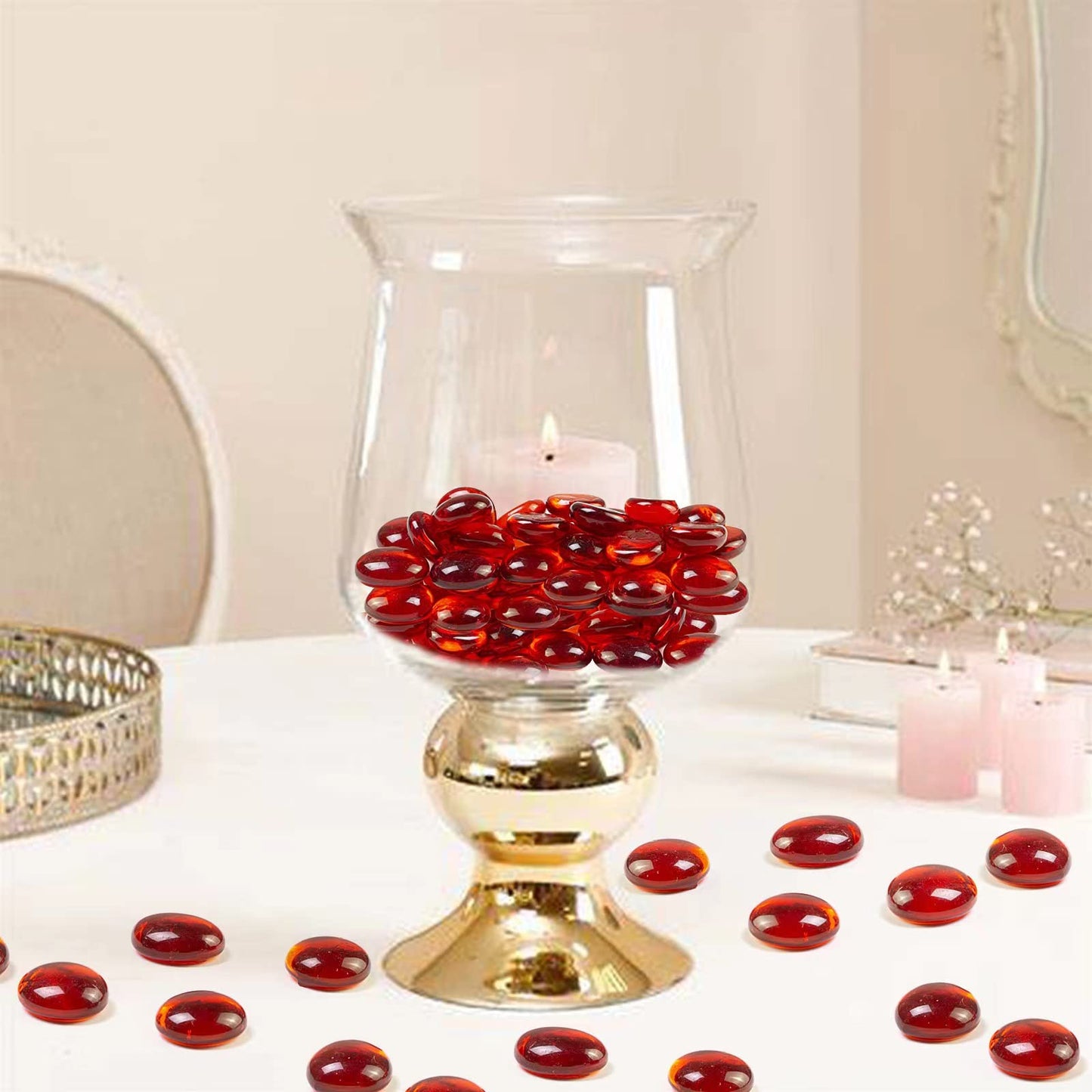 HappyFiller 2 Pound Ruby Red Flat Marbles Glass Gems Pebble Rocks Beads for Flower Vases Fillers,Party Decor,Fire Pit,Wedding Centerpieces,Craft Mosaics,3/4 inch Each