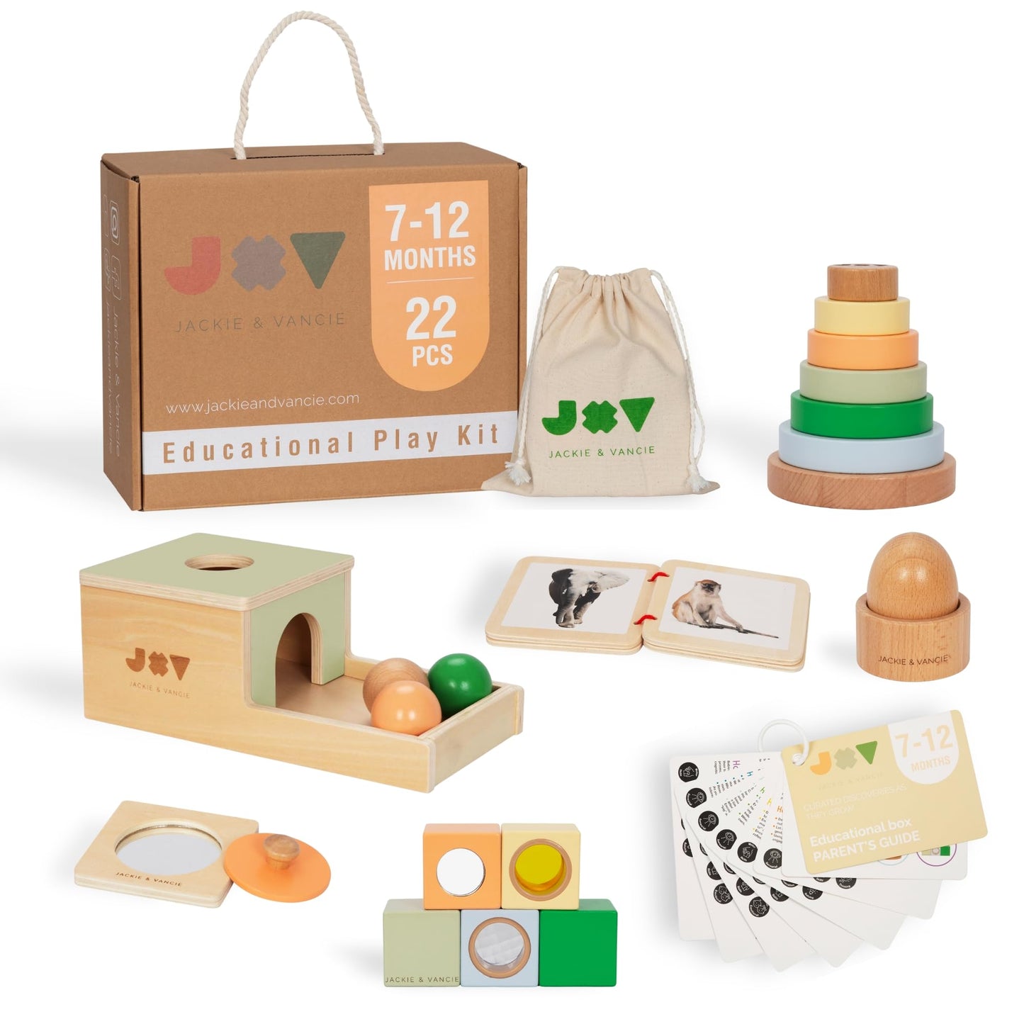 Jackie & Vancie Montessori Toy Set for Babies 7-12 Months Play Kit 6-in-1 Wooden Learning Toys with Object Permanence Box, Ring Stacker, Egg & Cup, Multipurpose Blocks and Mirror Puzzle