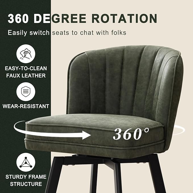 Swivel Counter Height Bar Stools Set of 4, 26'' Modern Barstools with Backs and Metal Legs, Upholstered Bar Chairs, Faux Leather Green Stools for Kitchen Island Chairs