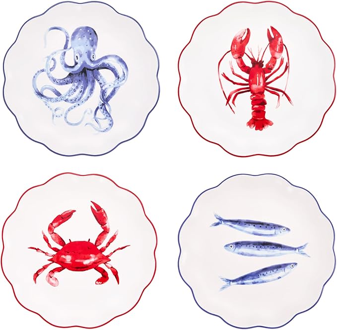 Bico Ocean Wonders Scalloped Salad Plates Set of 4, 8.75 Inch Ceramic Dessert Plates for Salad, Appetizer, Side Dishes, Microwave and Dishwasher Safe, Gift for Housewarming and Christmas